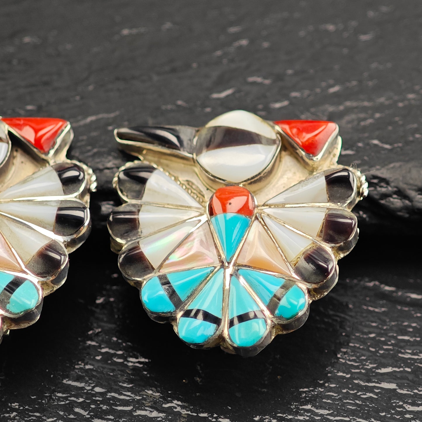 Vintage Zuni Thunderbird Inlay Sterling Silver Clip On Earrings ER3079