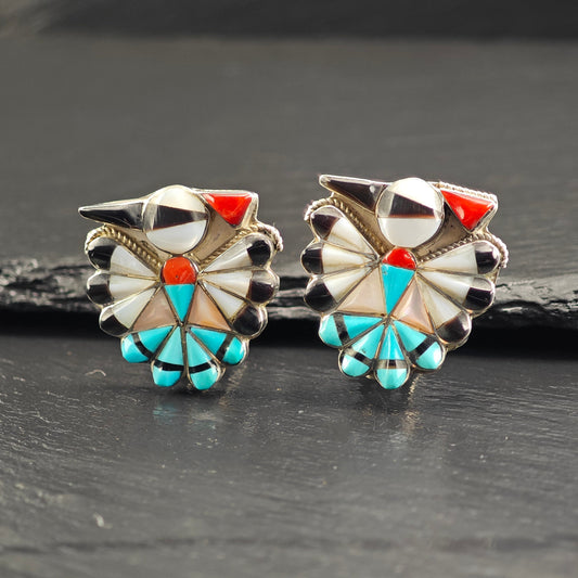 Vintage Zuni Thunderbird Inlay Sterling Silver Clip On Earrings ER3079