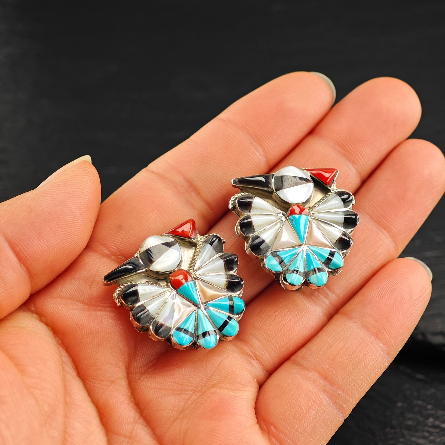 Vintage Zuni Thunderbird Inlay Sterling Silver Clip On Earrings ER3079