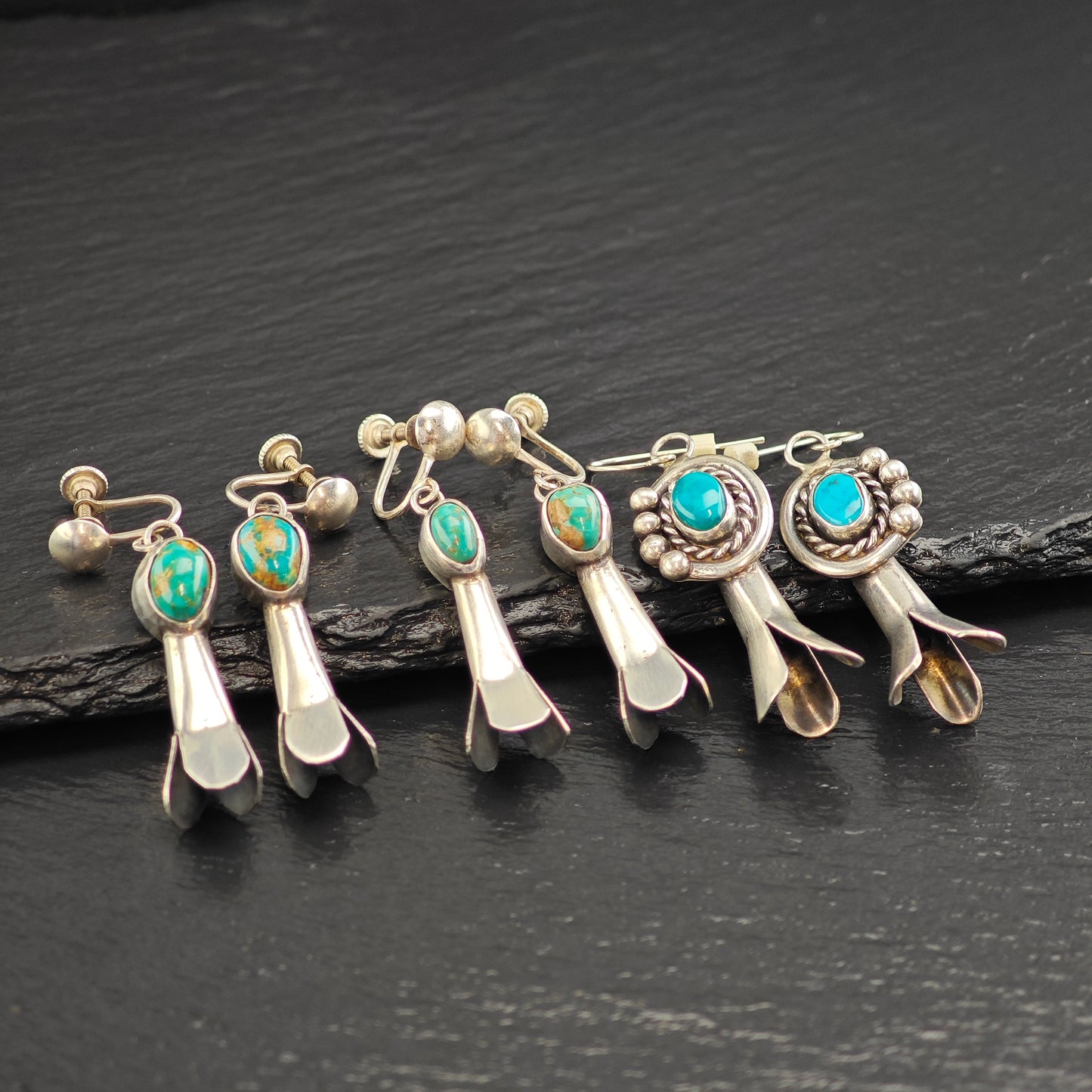 Choice of Native American Squash Blossom Turquoise Sterling Silver Earrings