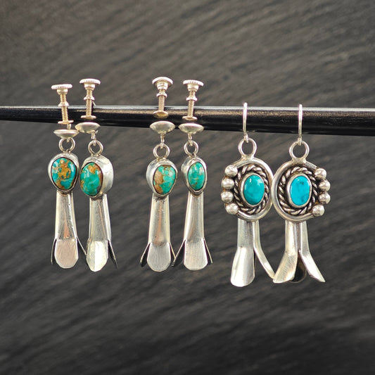 Choice of Native American Squash Blossom Turquoise Sterling Silver Earrings