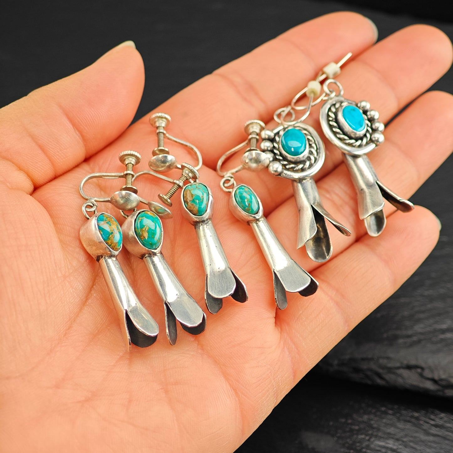 Choice of Native American Squash Blossom Turquoise Sterling Silver Earrings