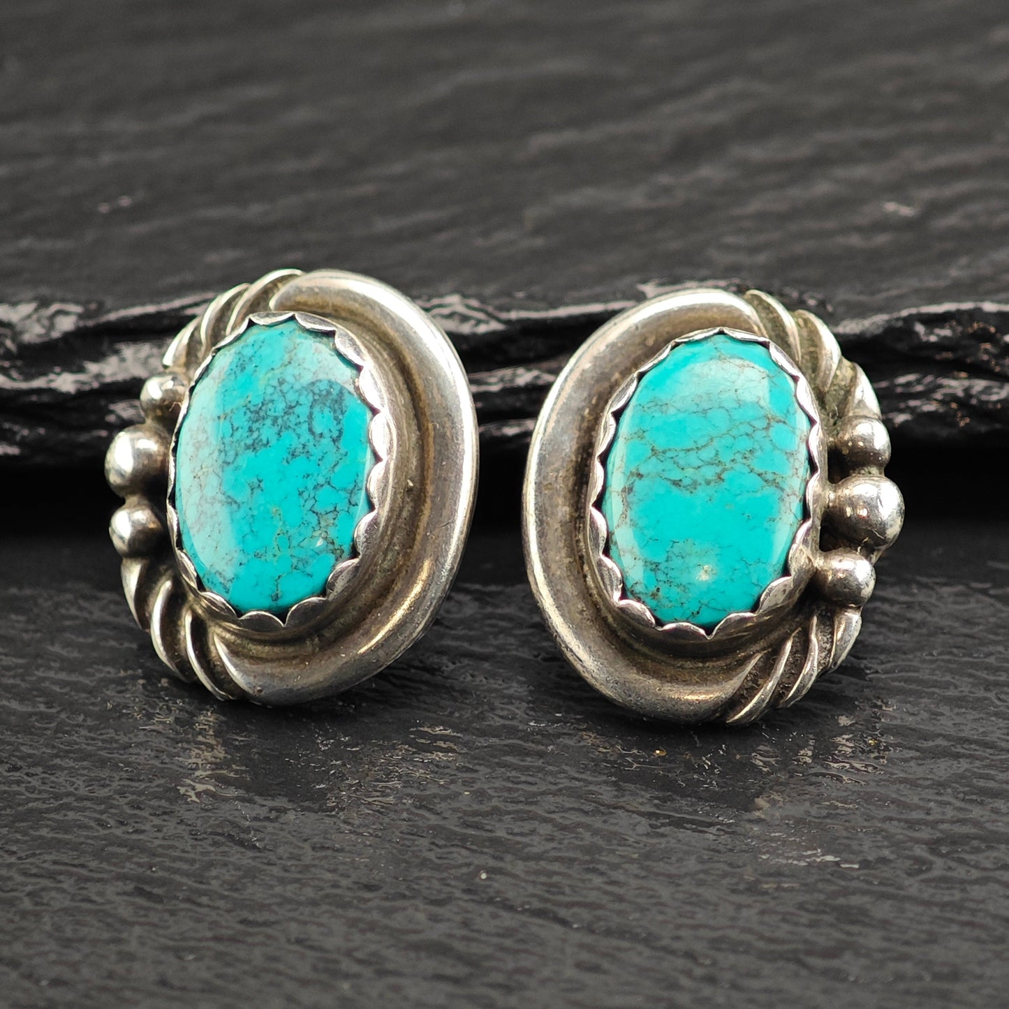 Vintage Oval Sw Turquoise Sterling Silver Stud Earrings ER3083