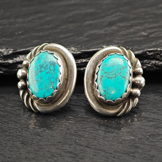Vintage Oval Sw Turquoise Sterling Silver Stud Earrings ER3083