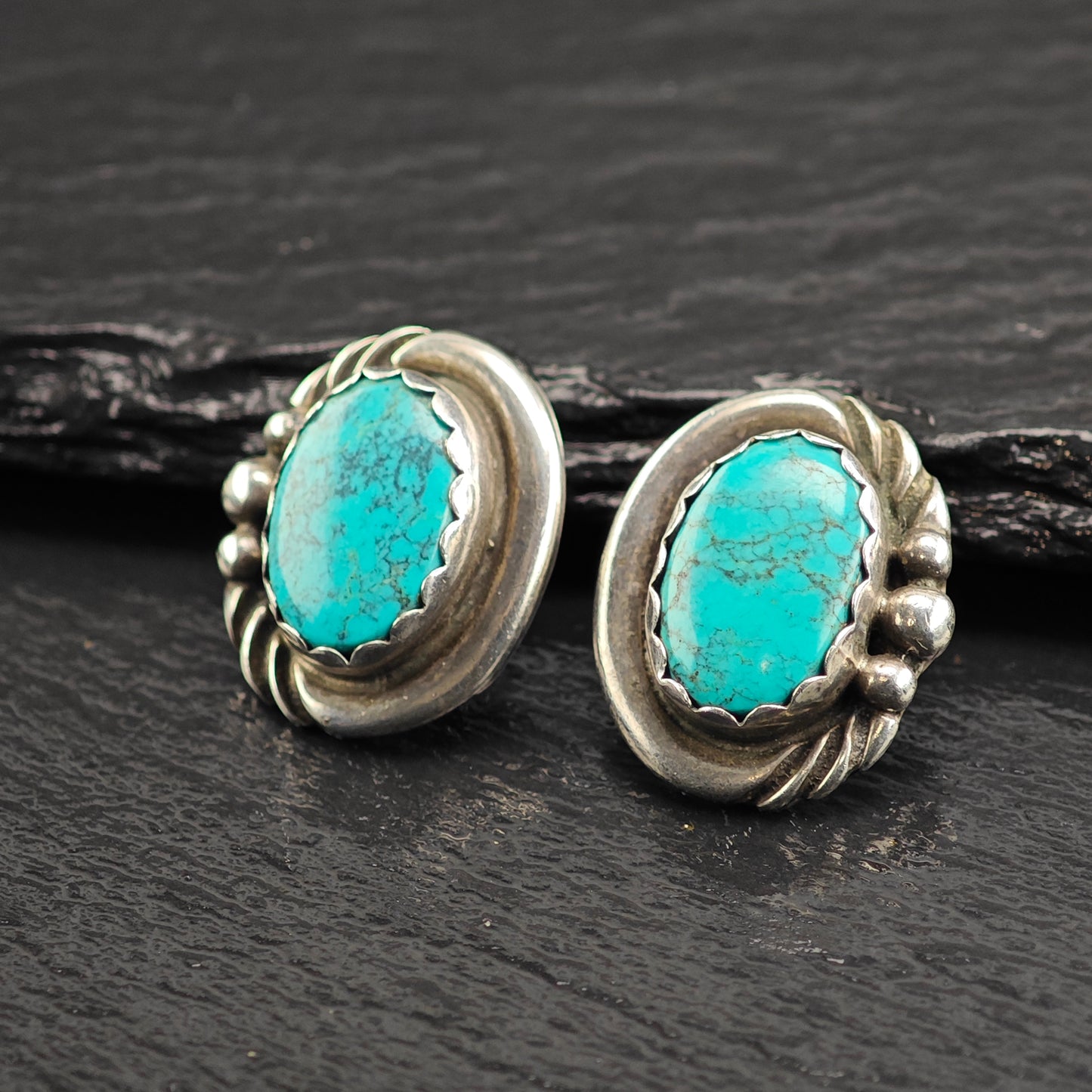 Vintage Oval Sw Turquoise Sterling Silver Stud Earrings ER3083