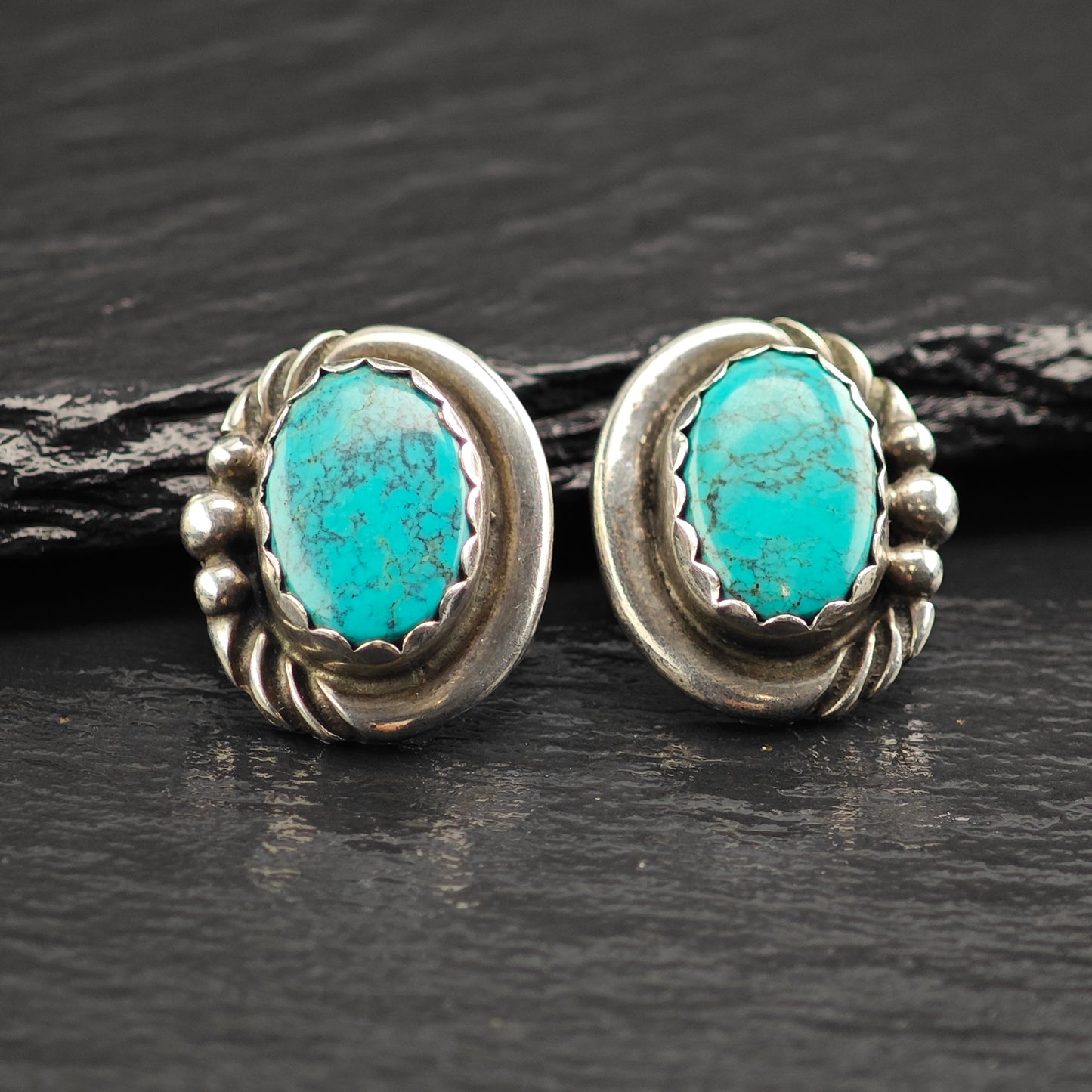 Vintage Oval Sw Turquoise Sterling Silver Stud Earrings ER3083