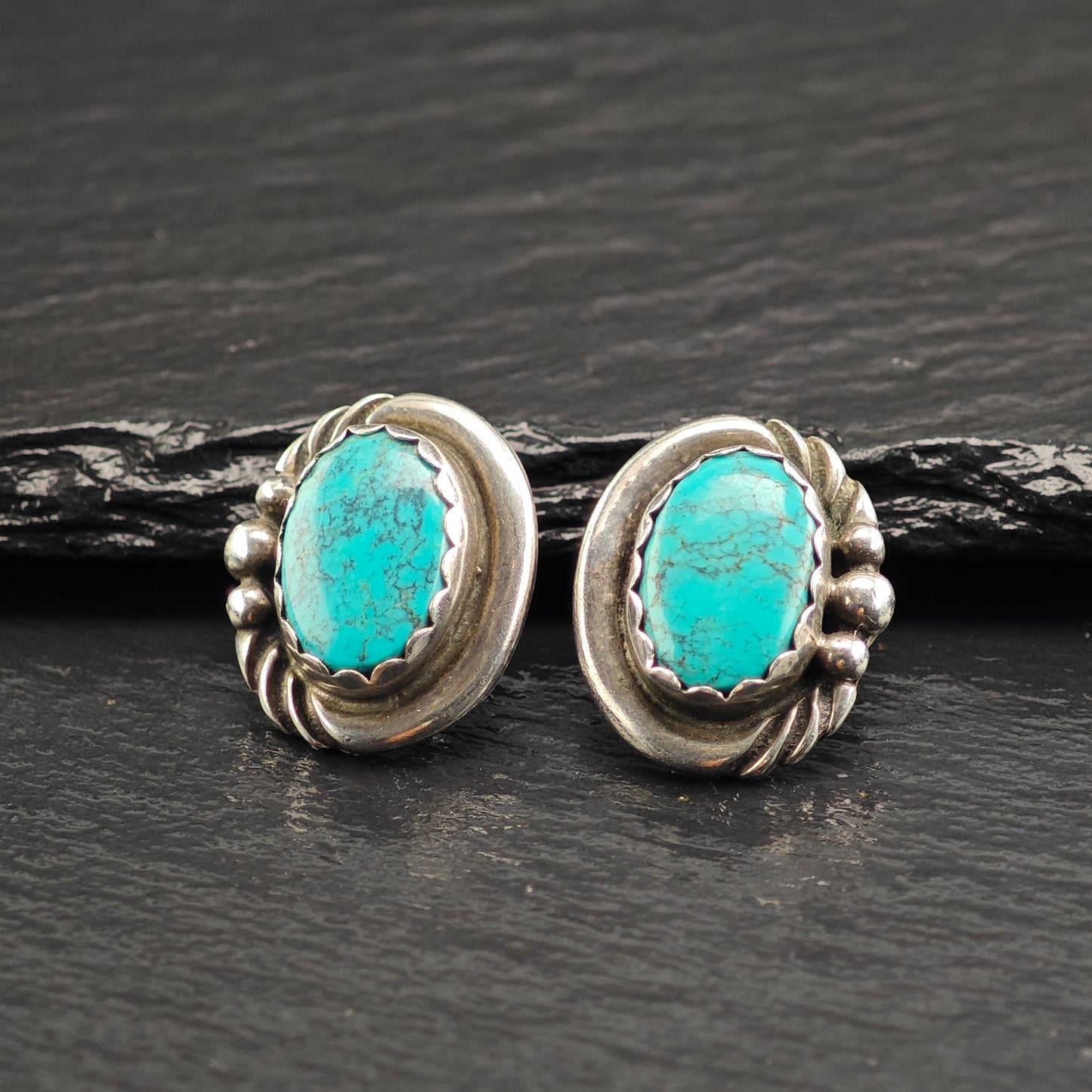 Vintage Oval Sw Turquoise Sterling Silver Stud Earrings ER3083