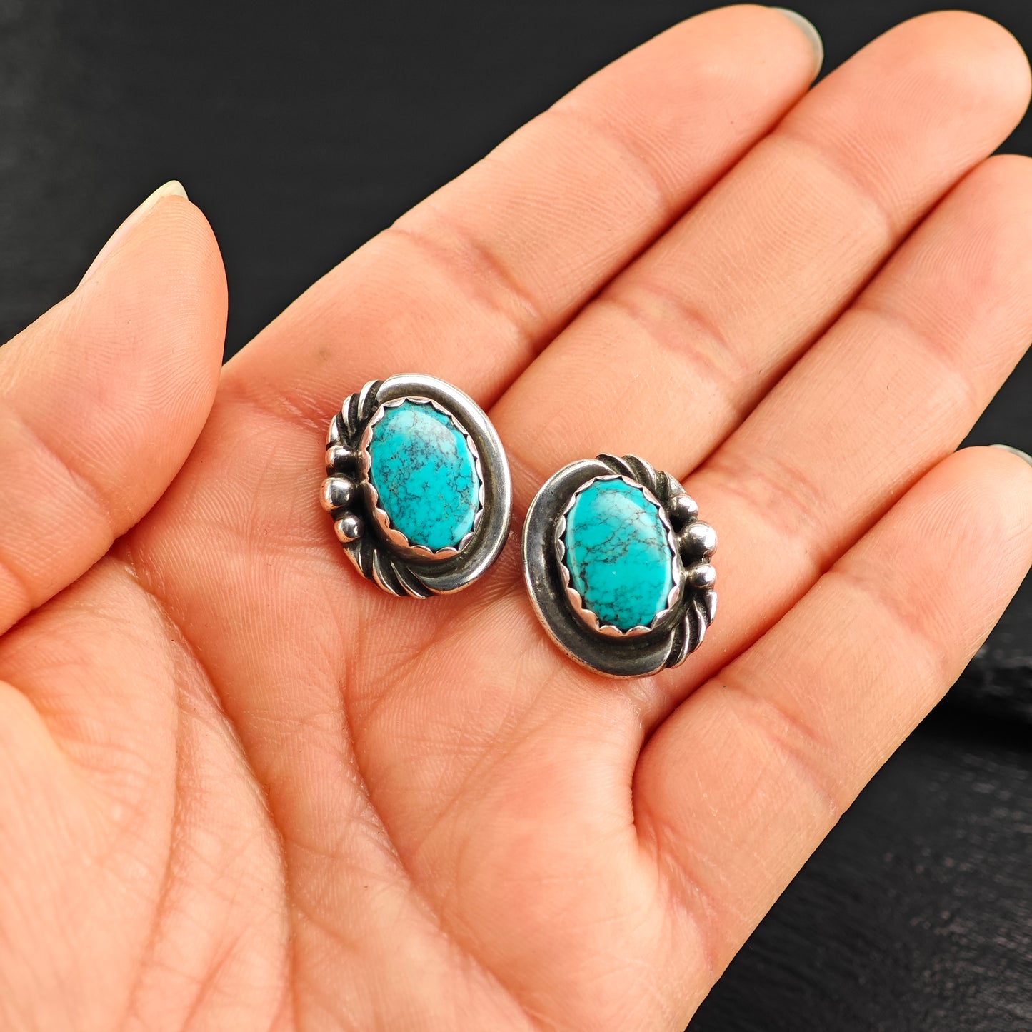 Vintage Oval Sw Turquoise Sterling Silver Stud Earrings ER3083