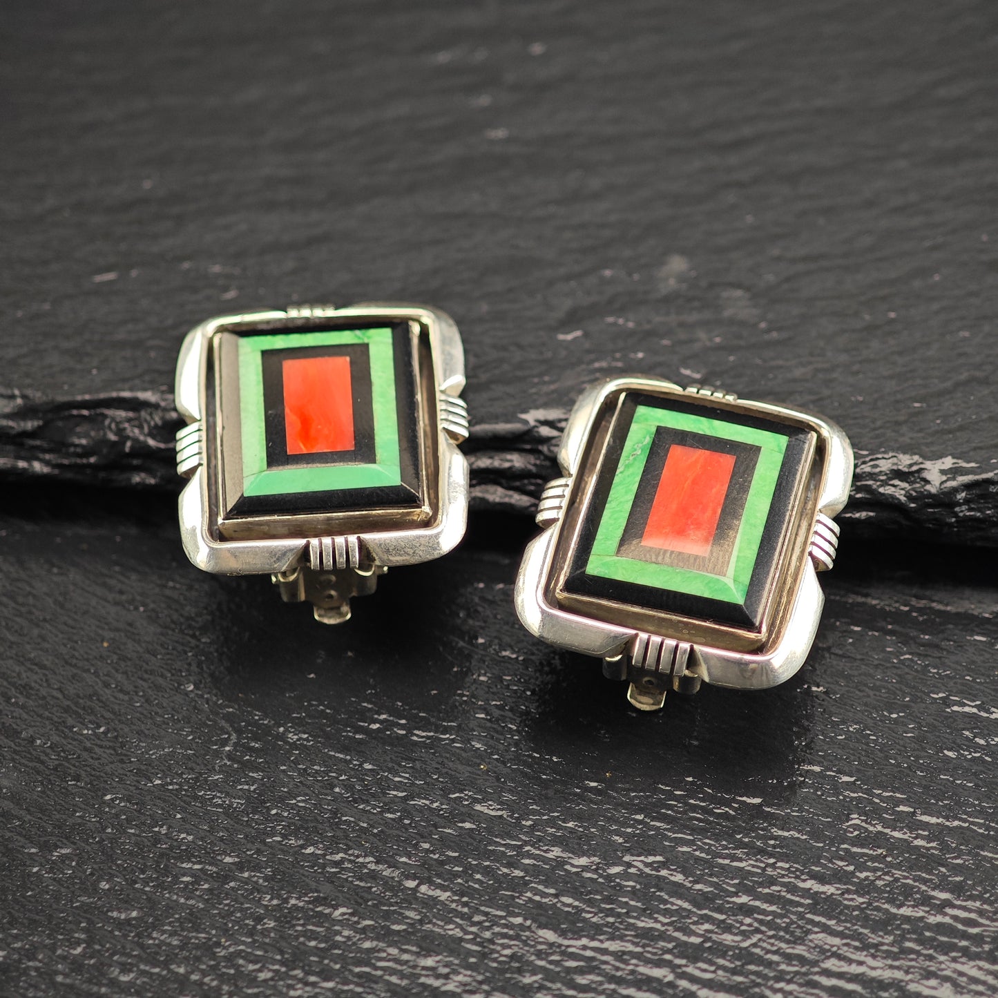 Vintage Native American Intarsia, Inlay, Sterling Silver Clip On Earrings ER3085