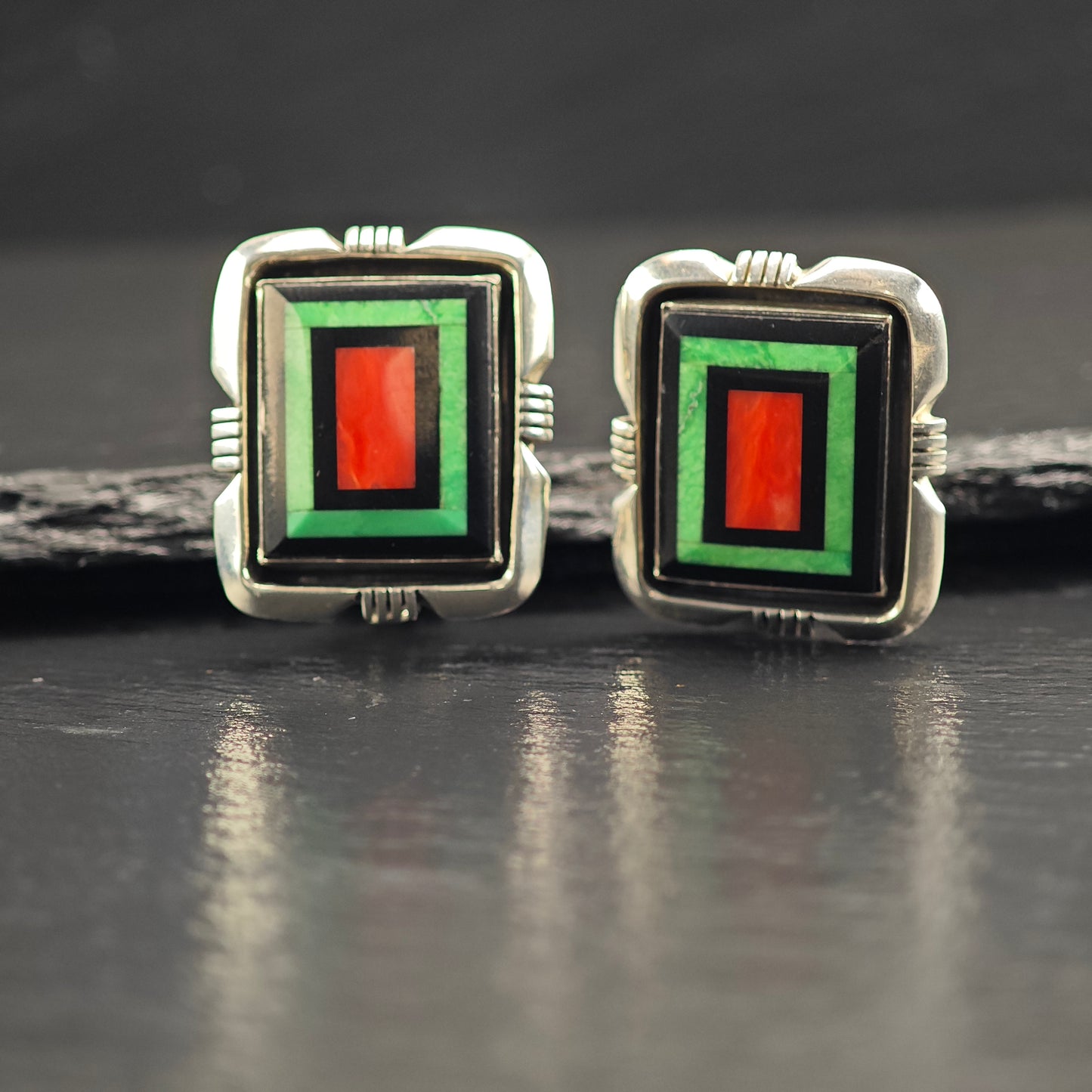 Vintage Native American Intarsia, Inlay, Sterling Silver Clip On Earrings ER3085
