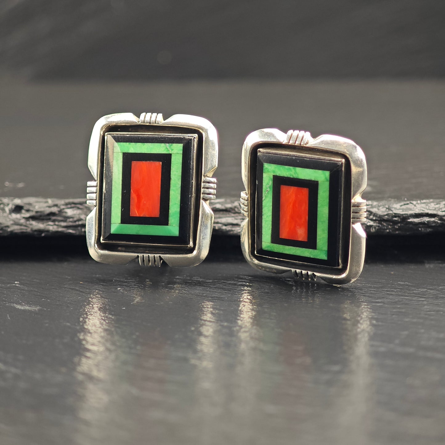 Vintage Native American Intarsia, Inlay, Sterling Silver Clip On Earrings ER3085