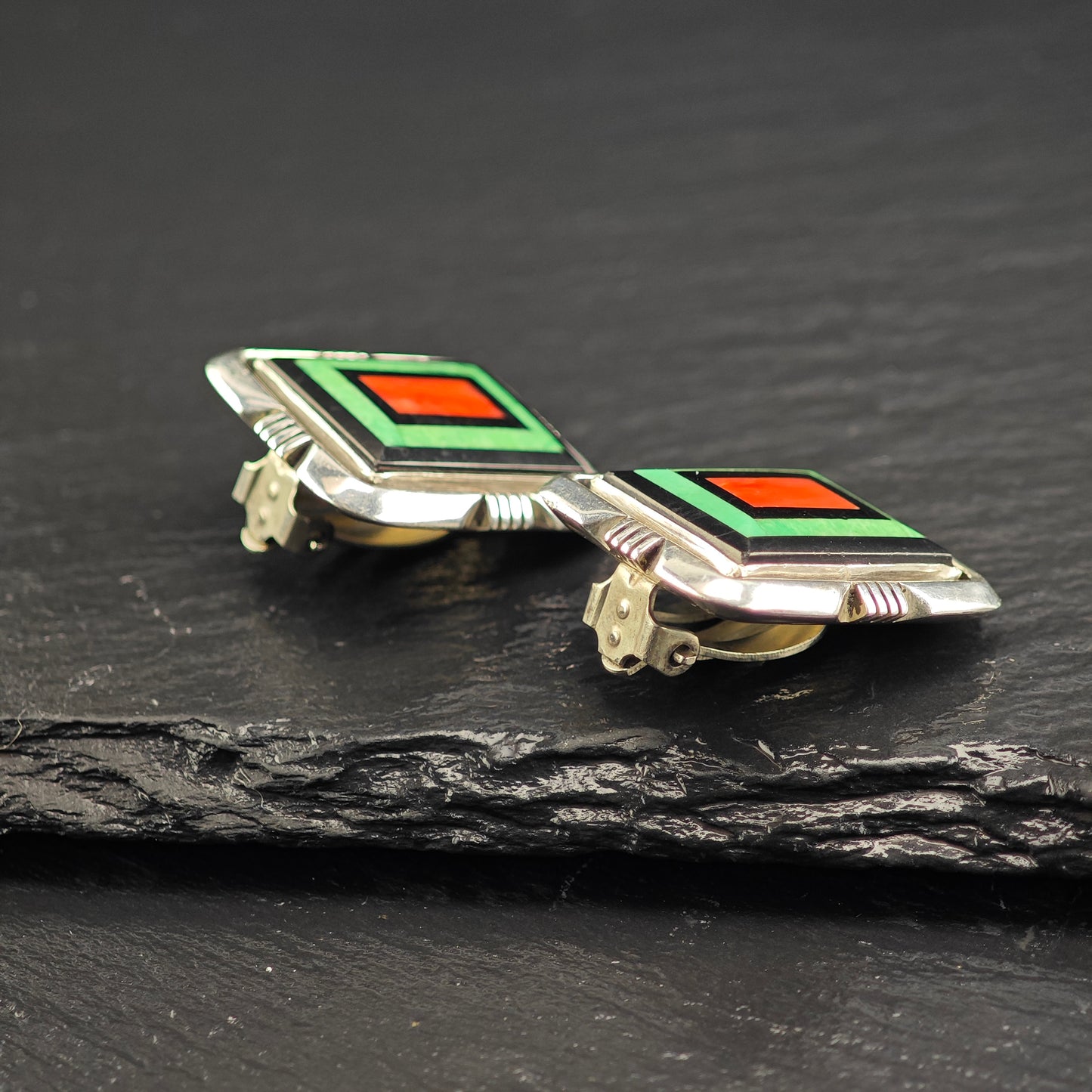 Vintage Native American Intarsia, Inlay, Sterling Silver Clip On Earrings ER3085