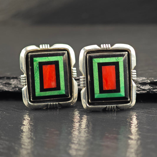 Vintage Native American Intarsia, Inlay, Sterling Silver Clip On Earrings ER3085