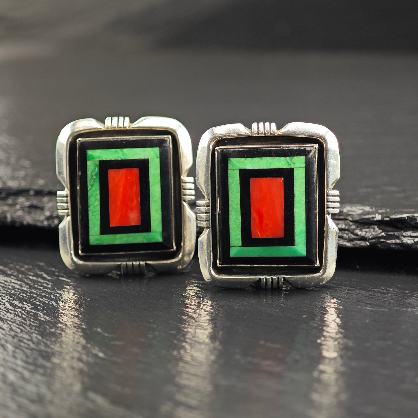 Vintage Native American Intarsia, Inlay, Sterling Silver Clip On Earrings ER3085
