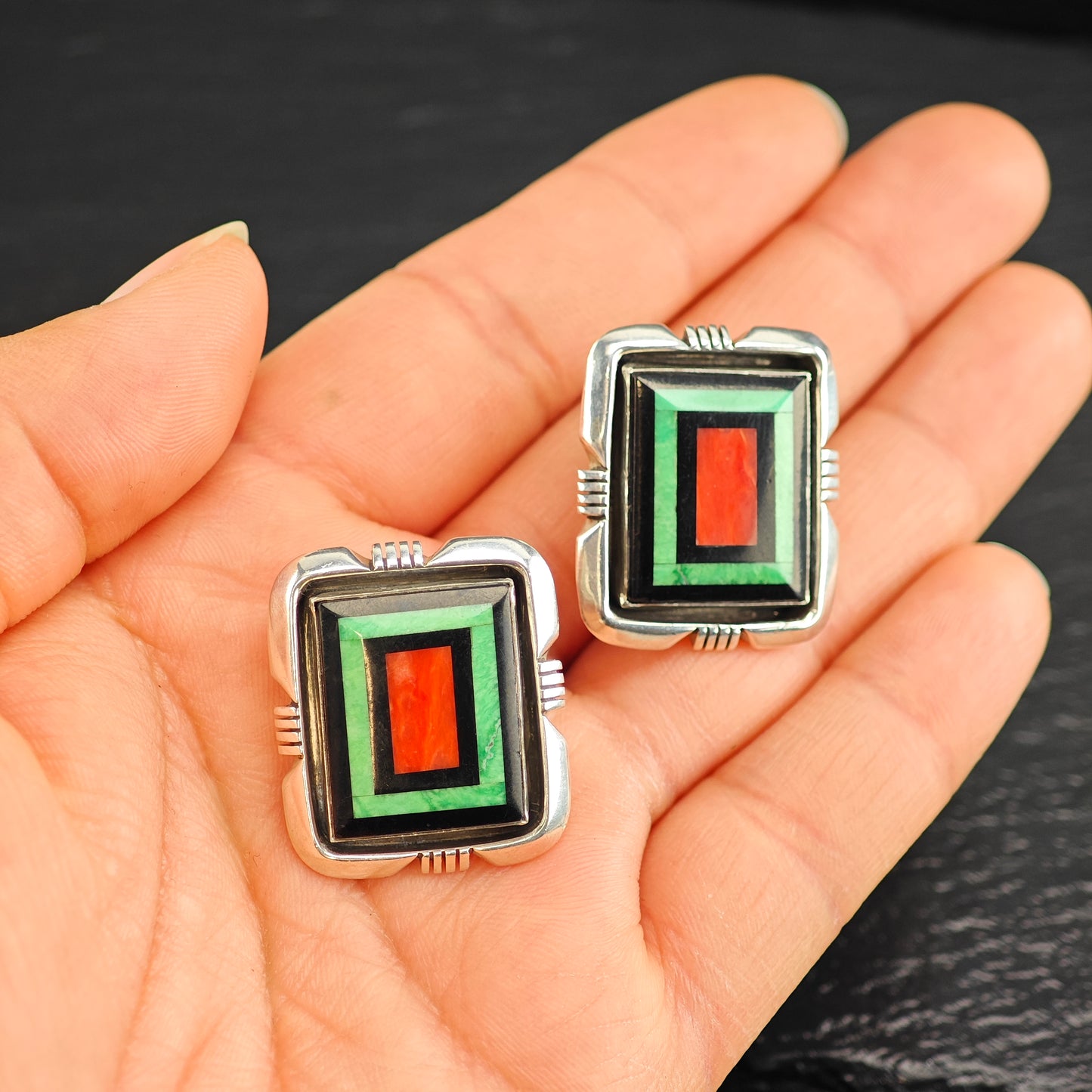 Vintage Native American Intarsia, Inlay, Sterling Silver Clip On Earrings ER3085