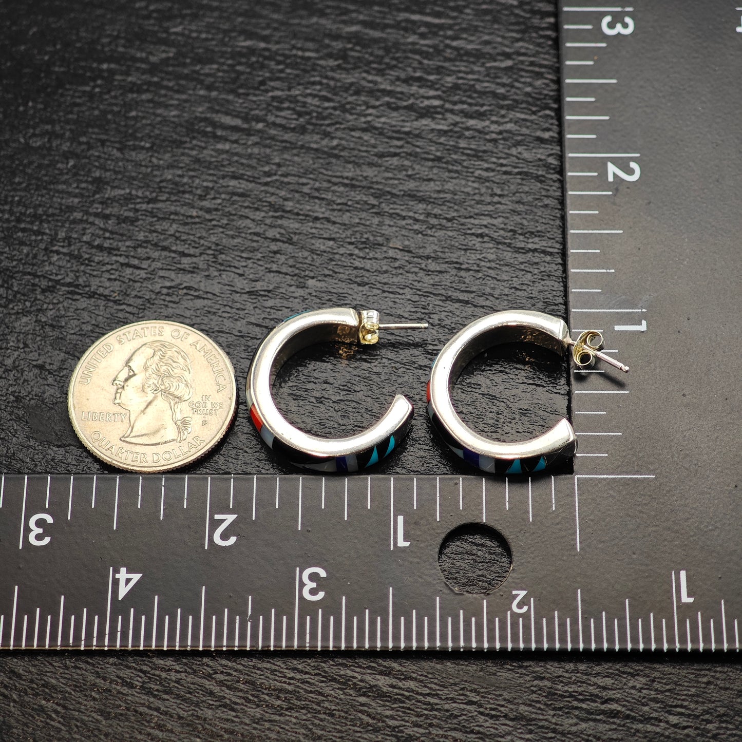 Vintage Sw Inlay Sterling Silver Stud/Hoop Earrings ER3077
