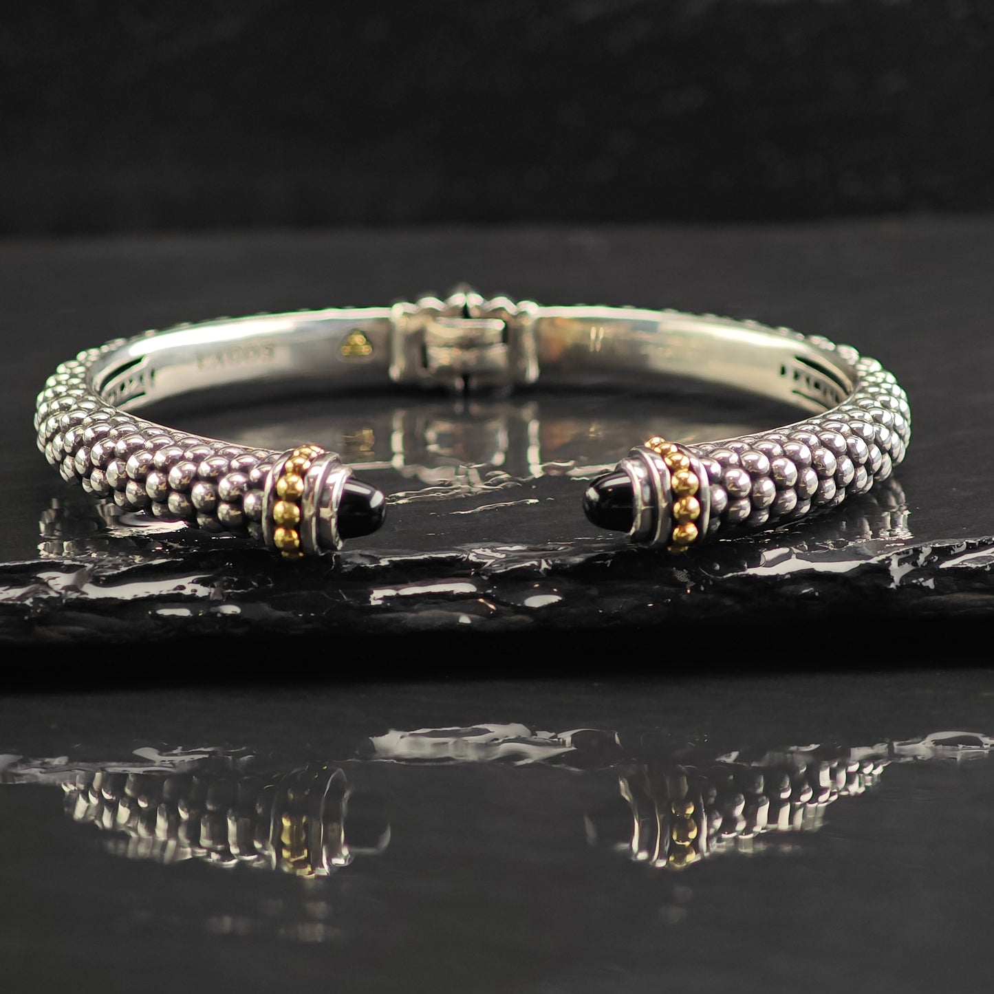 Vintage Lagos Hinge Cuff 18k Gold Accents Sterling Silver Bracelet 7" BR3052