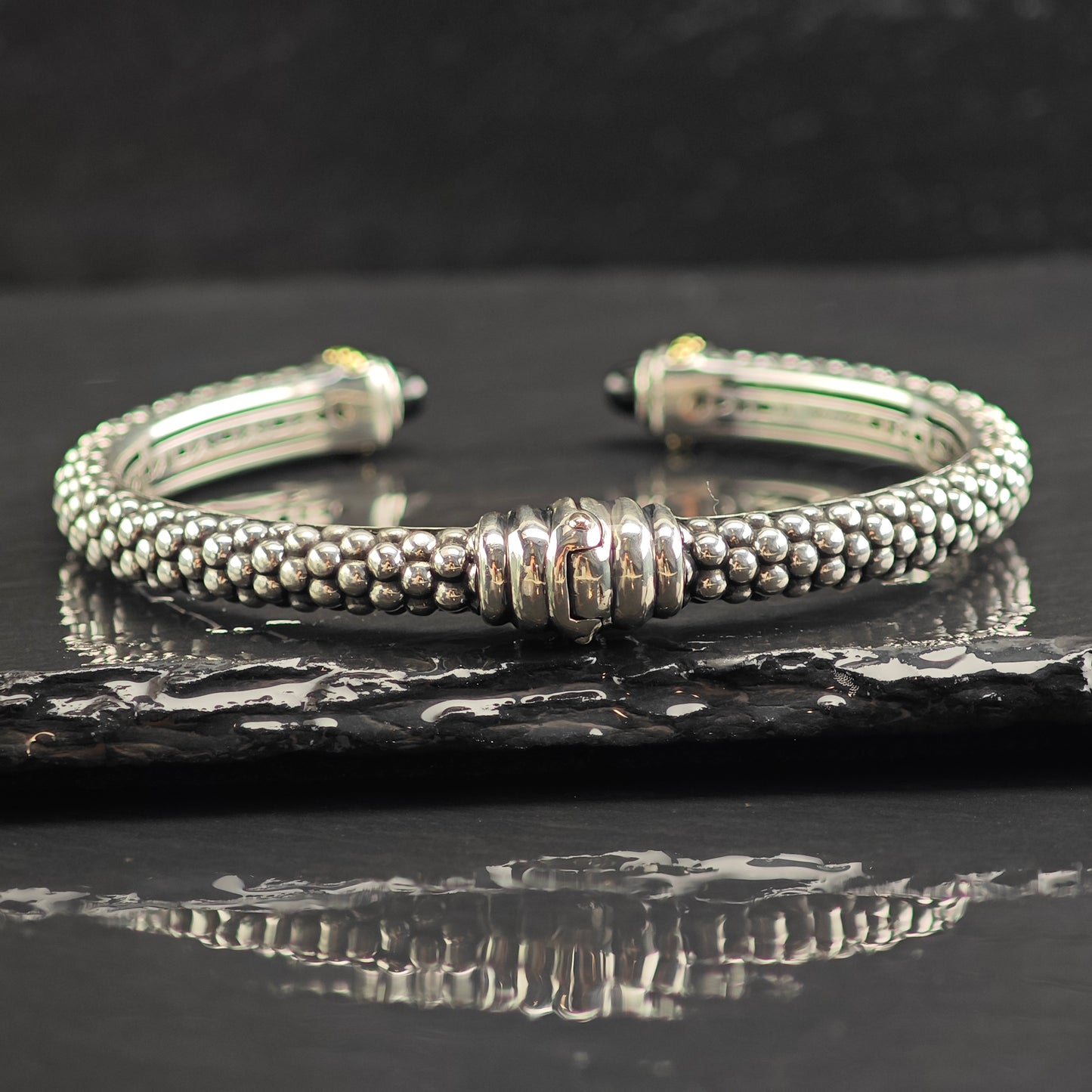 Vintage Lagos Hinge Cuff 18k Gold Accents Sterling Silver Bracelet 7" BR3052