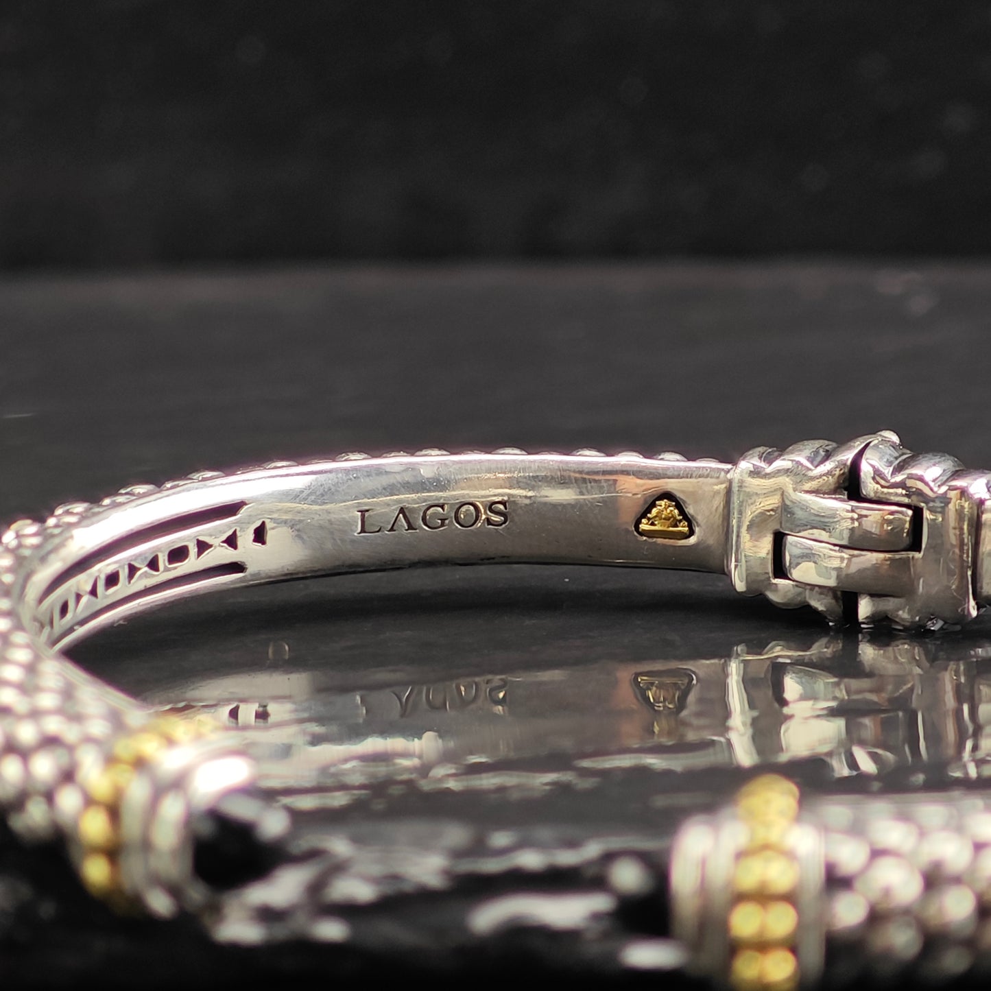 Vintage Lagos Hinge Cuff 18k Gold Accents Sterling Silver Bracelet 7" BR3052