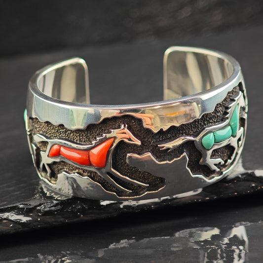 Vintage Ben Nighthorse Turquoise & Coral Horse Inlay Cuff Bracelet 6" BR3057