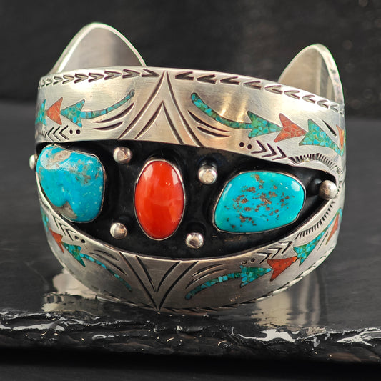 Vintage Navajo Turquoise & Coral Inlay Cuff Bracelet 6" BR3056