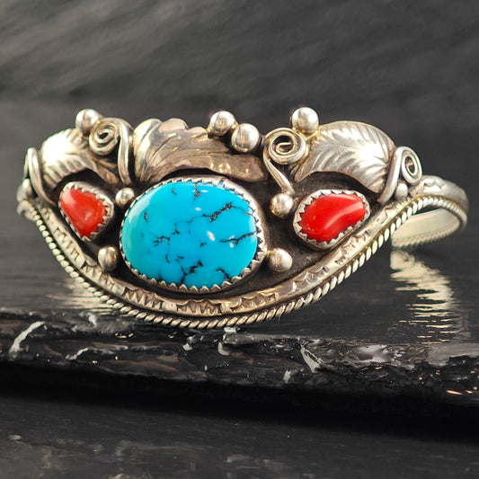 Vintage SW Turquoise & Coral Leaf Sterling Silver Cuff Bracelet 5 3/4" BR3061