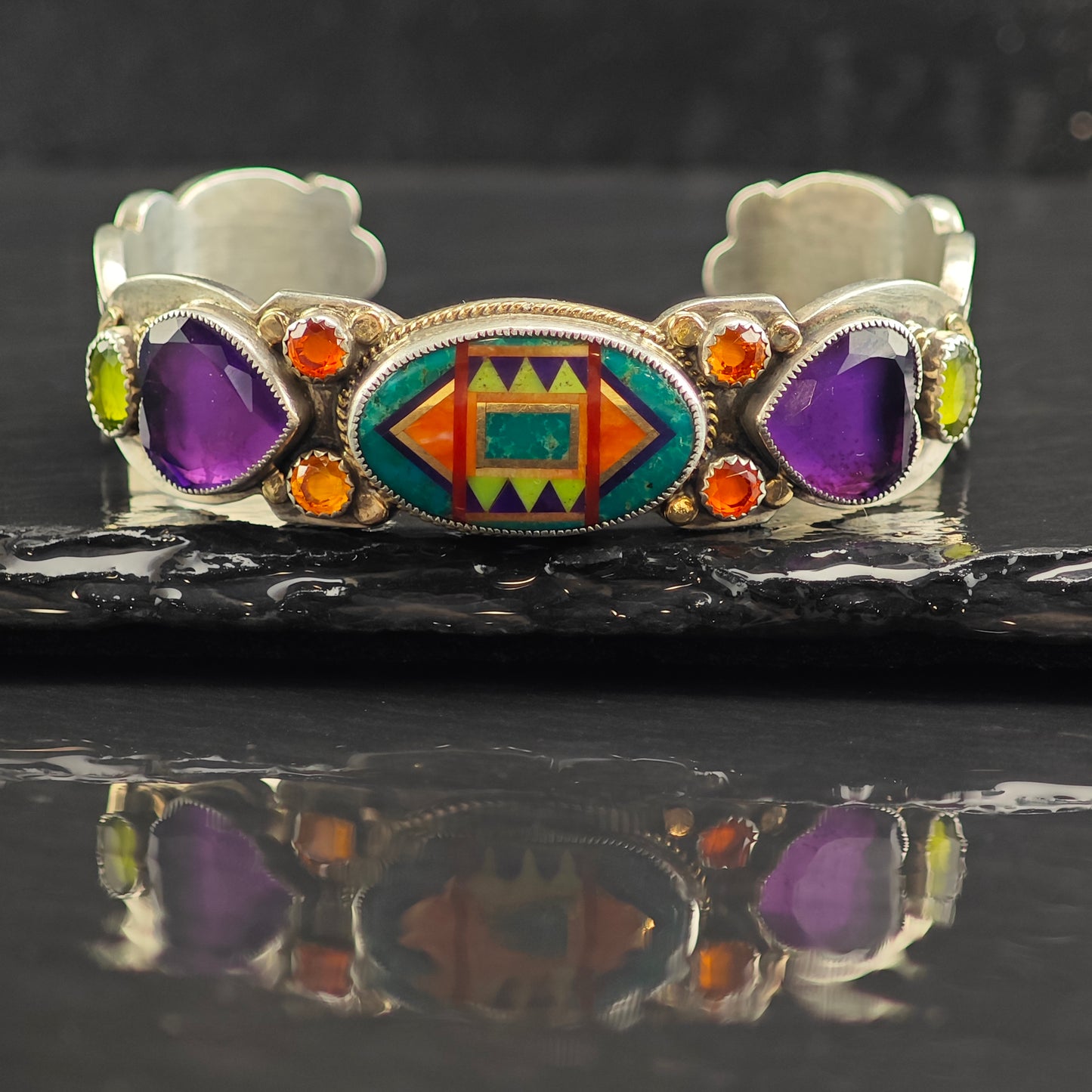 Aldrich Multistone Inlay Intarsia Gold Accent Cuff Bracelet Sterling Silver 6" BR3063