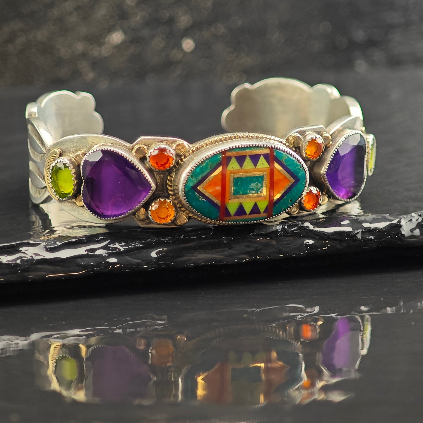 Aldrich Multistone Inlay Intarsia Gold Accent Cuff Bracelet Sterling Silver 6" BR3063