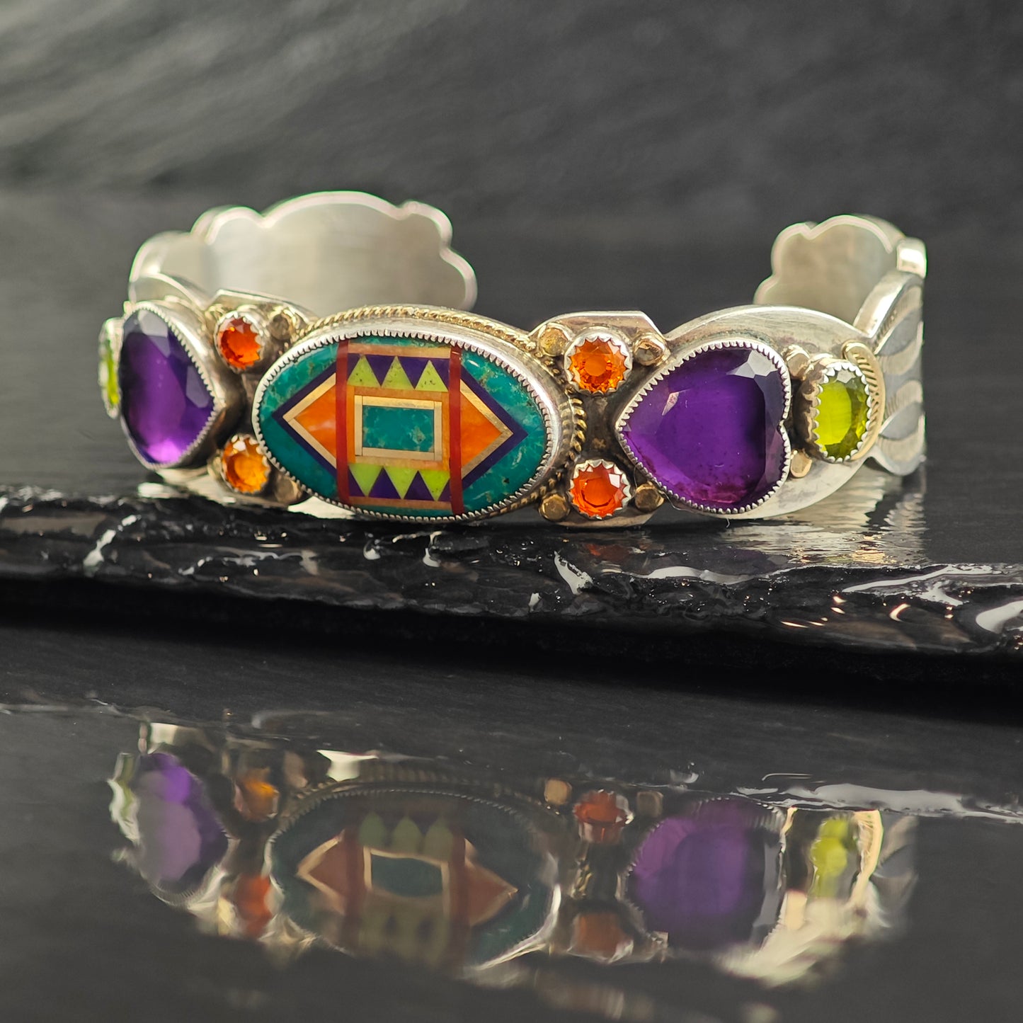 Aldrich Multistone Inlay Intarsia Gold Accent Cuff Bracelet Sterling Silver 6" BR3063