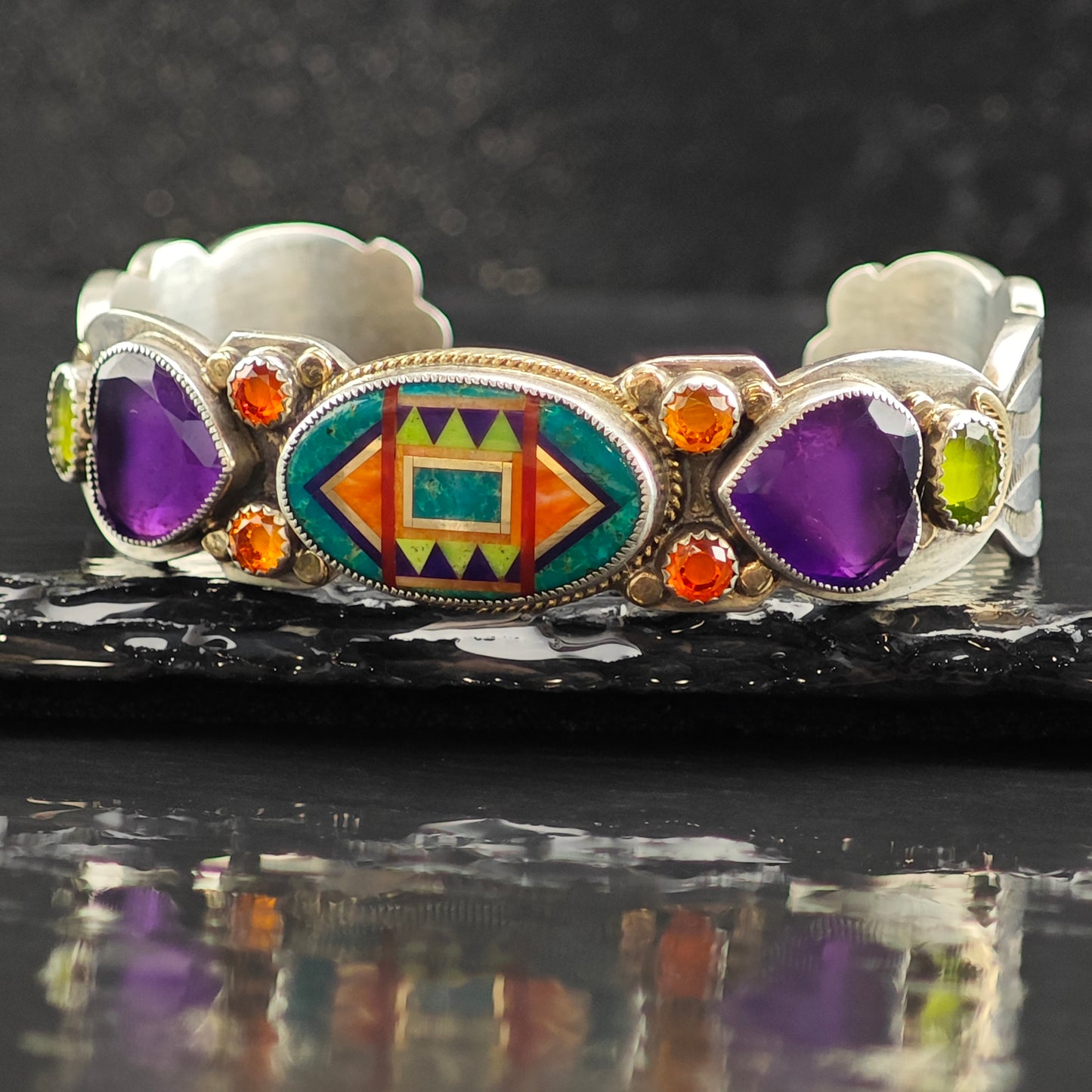 Aldrich Multistone Inlay Intarsia Gold Accent Cuff Bracelet Sterling Silver 6" BR3063