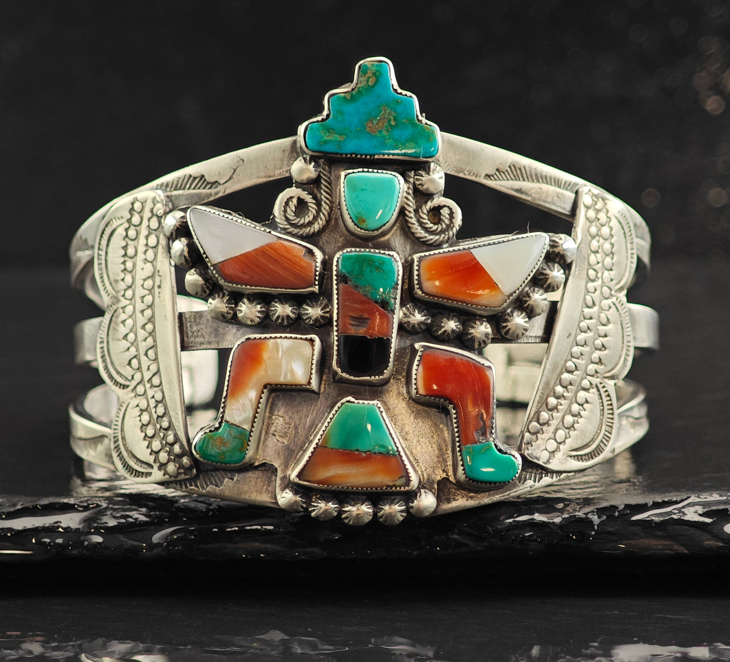 Historic UAP Multistone Zuni Kachina Inlay Sterling SIlver Cuff Bracelet 6 1/2" BR3064