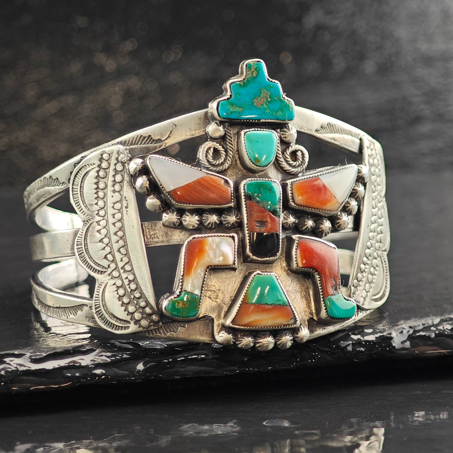 Historic UAP Multistone Zuni Kachina Inlay Sterling SIlver Cuff Bracelet 6 1/2" BR3064