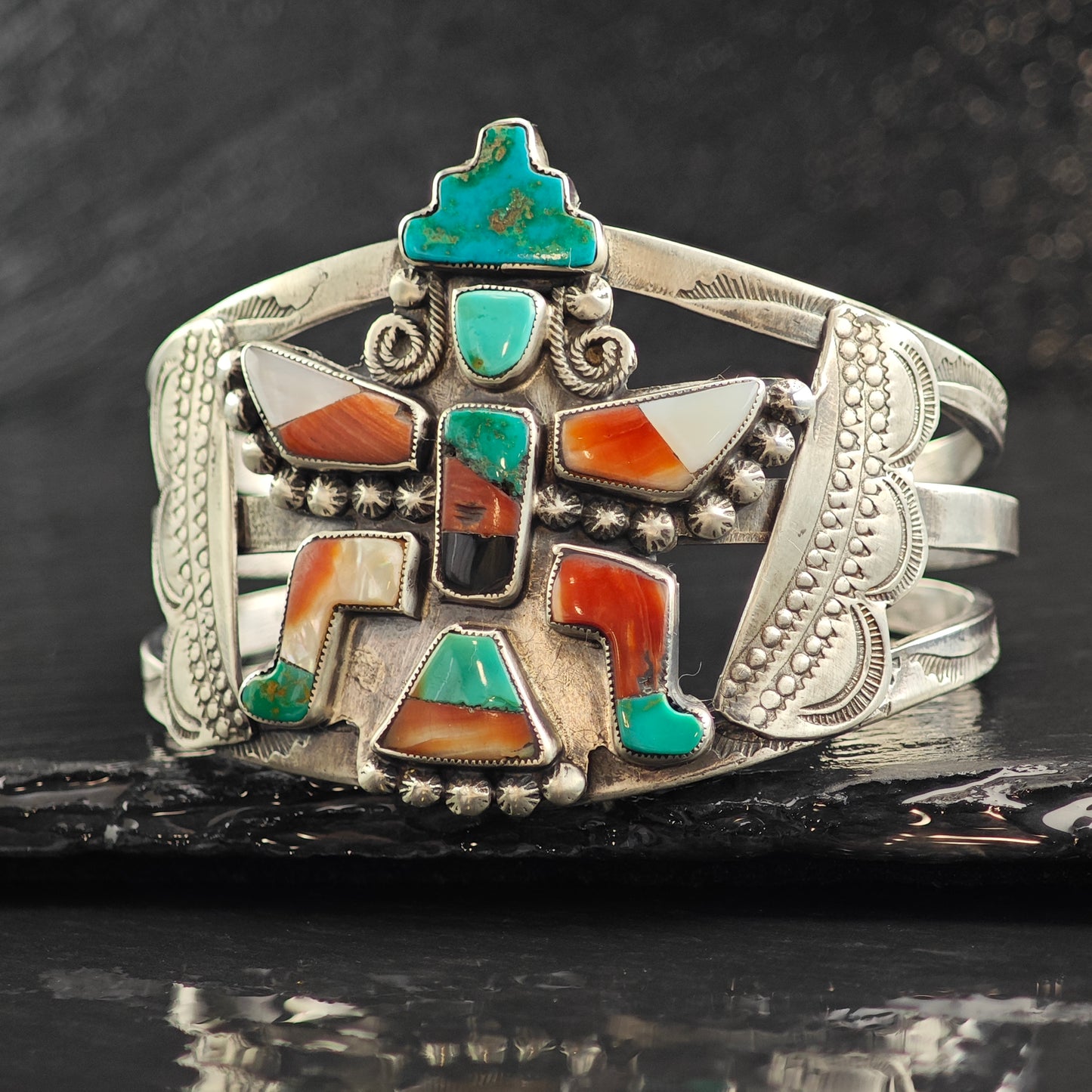 Historic UAP Multistone Zuni Kachina Inlay Sterling SIlver Cuff Bracelet 6 1/2" BR3064