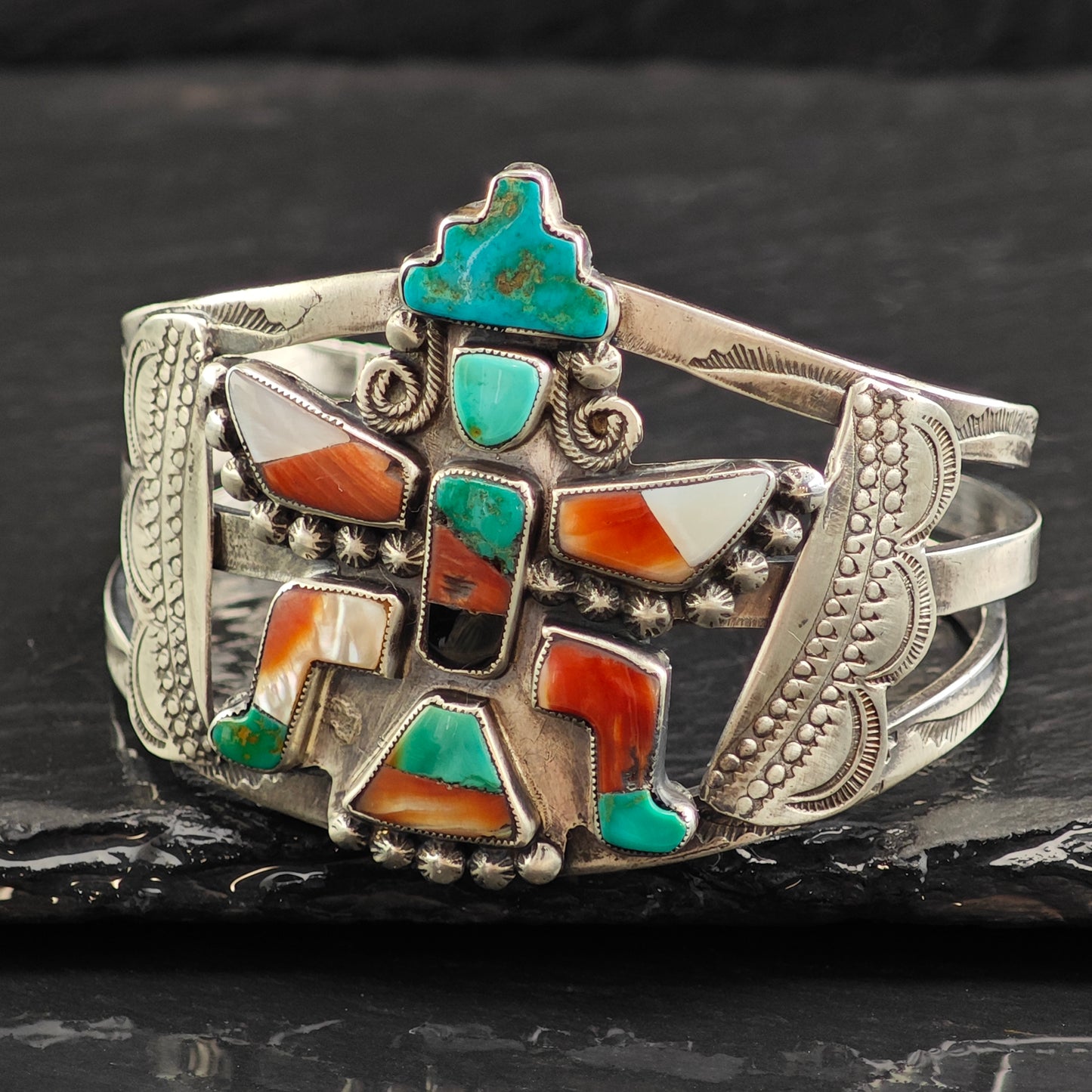 Historic UAP Multistone Zuni Kachina Inlay Sterling SIlver Cuff Bracelet 6 1/2" BR3064