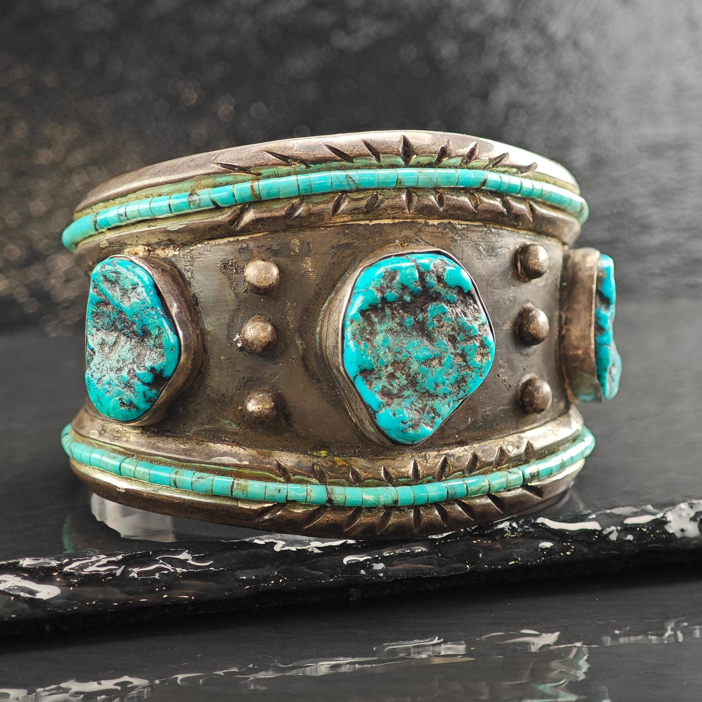 Vintage SW Multistone Turquoise Sterling Silver Cuff Bracelet 6 1/2" BR3065