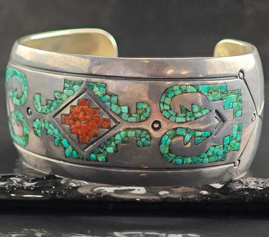 Vintage Navajo Turquoise & Coral Geometric Inlay Sterling Silver Cuff Bracelet 6 1/4" BR3066