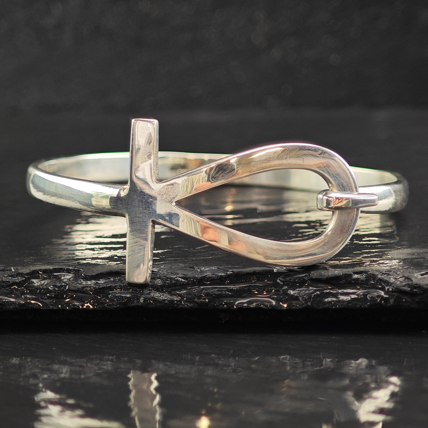 Egyptian Ankh Latch Bangle Sterling Silver Bracelet 7" BR3070