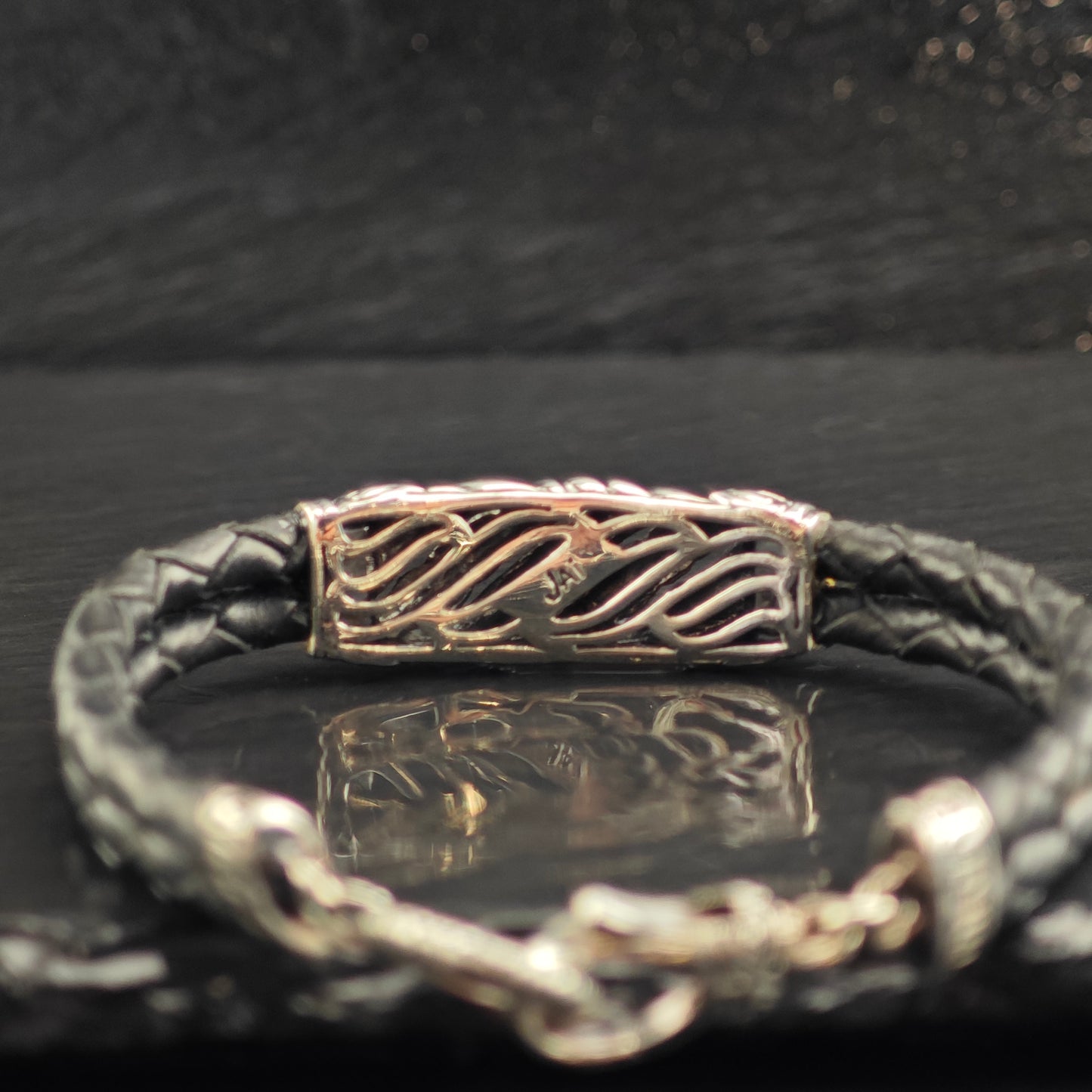 Vintage JAI 14k Gold Accent Sterling Silver Leather Bracelet 6 3/4" BR3073