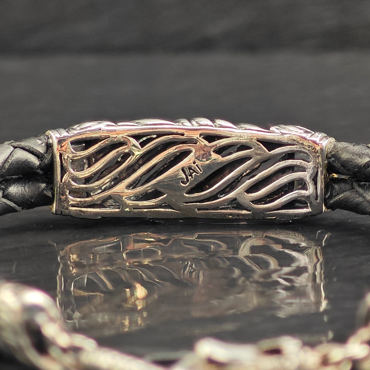 Vintage JAI 14k Gold Accent Sterling Silver Leather Bracelet 6 3/4" BR3073