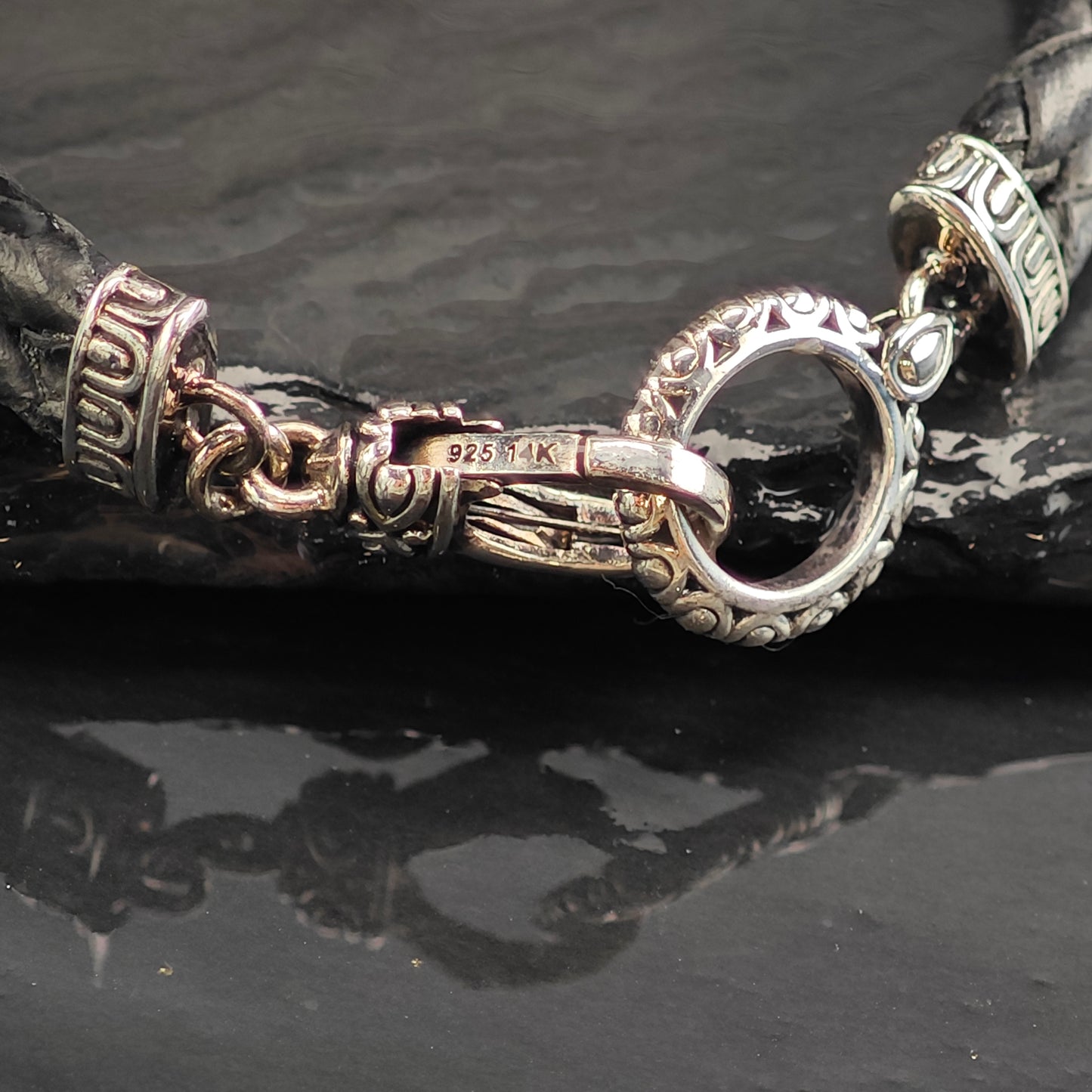 Vintage JAI 14k Gold Accent Sterling Silver Leather Bracelet 6 3/4" BR3073