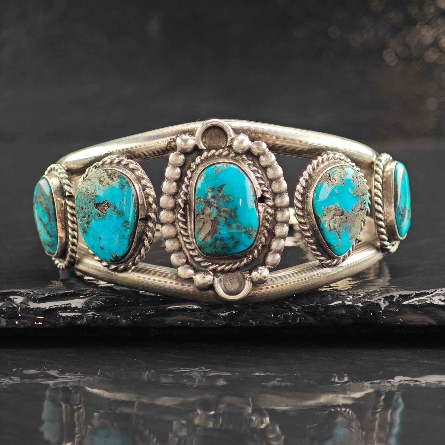 Vintage SW 5 Stone Turquoise Sterling Silver Cuff Bracelet 6 1/2" BR3075