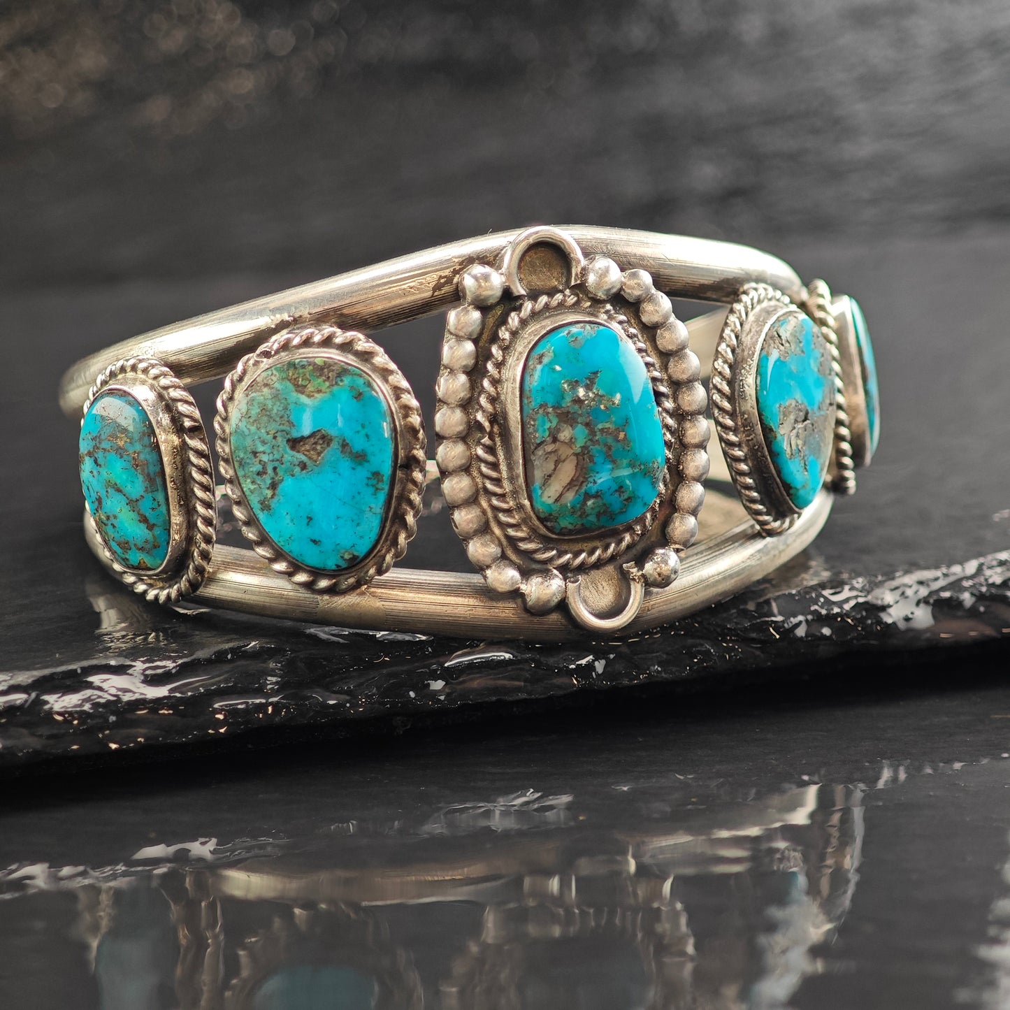 Vintage SW 5 Stone Turquoise Sterling Silver Cuff Bracelet 6 1/2" BR3075