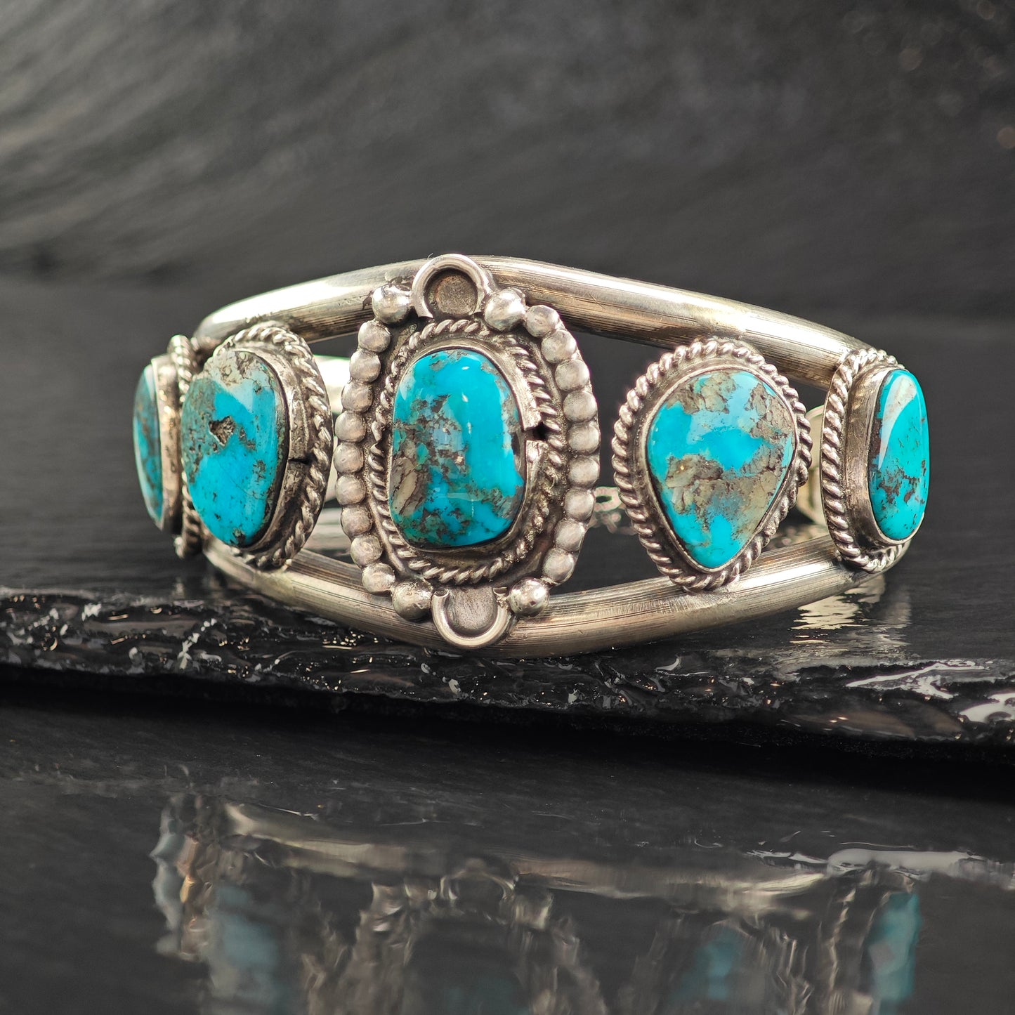 Vintage SW 5 Stone Turquoise Sterling Silver Cuff Bracelet 6 1/2" BR3075