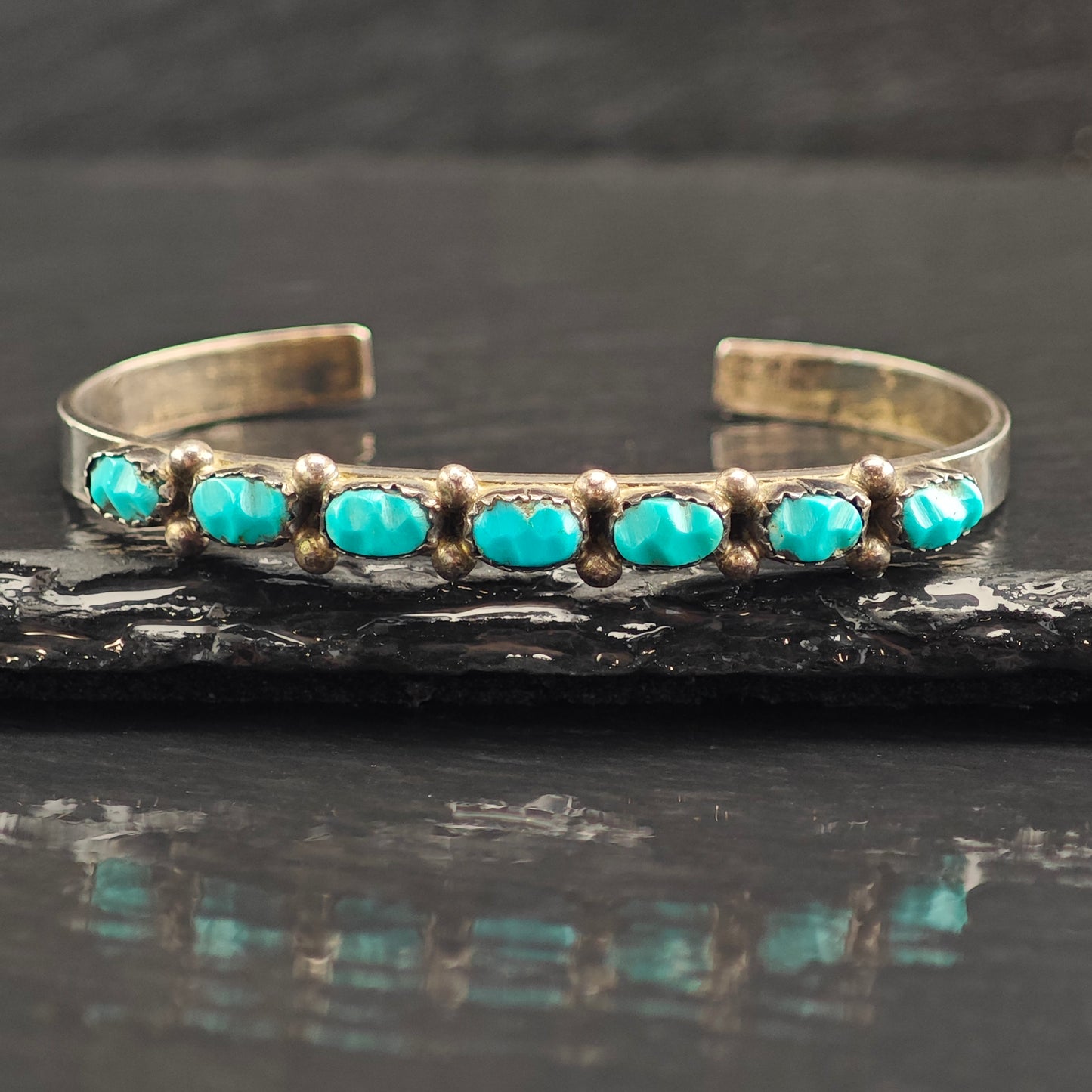 Vintage Zuni Carved Turquoise Sterling Silver Cuff Bracelet 6"  BR3077