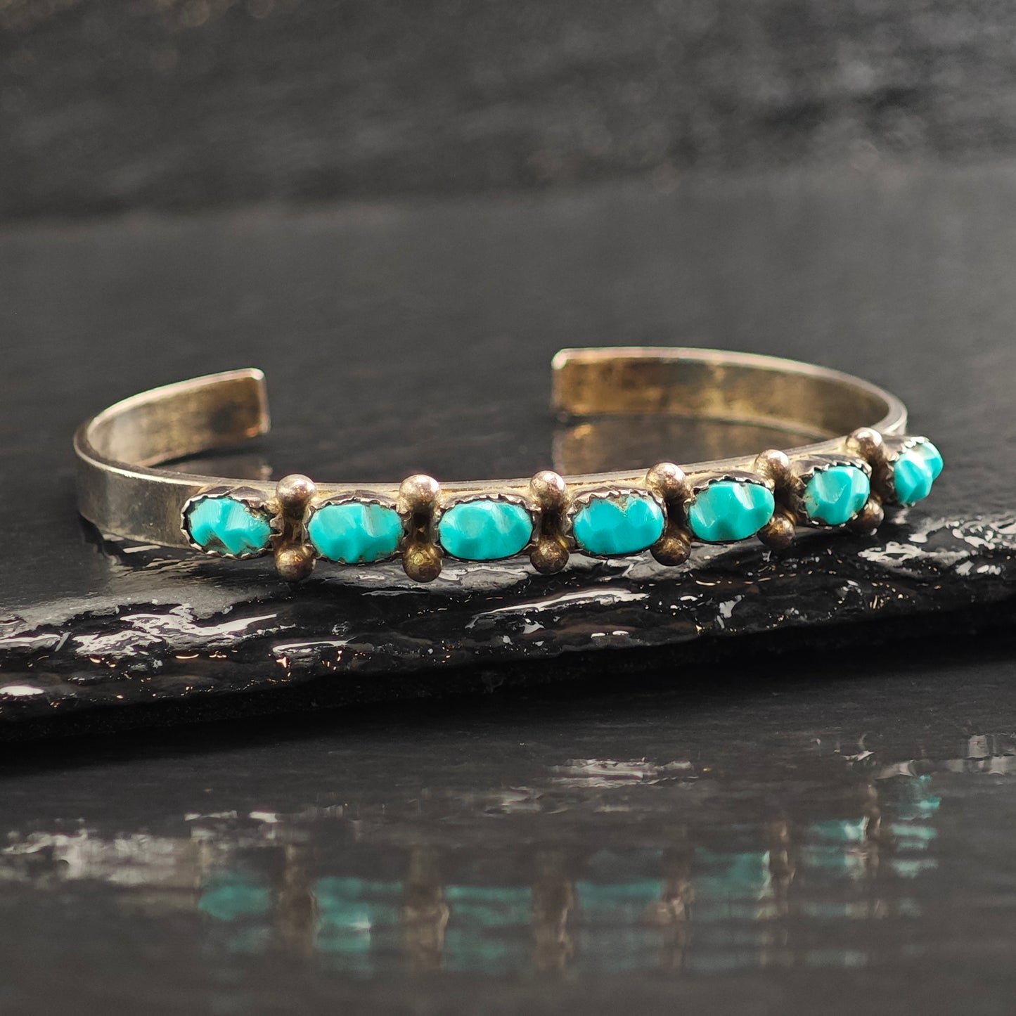 Vintage Zuni Carved Turquoise Sterling Silver Cuff Bracelet 6"  BR3077