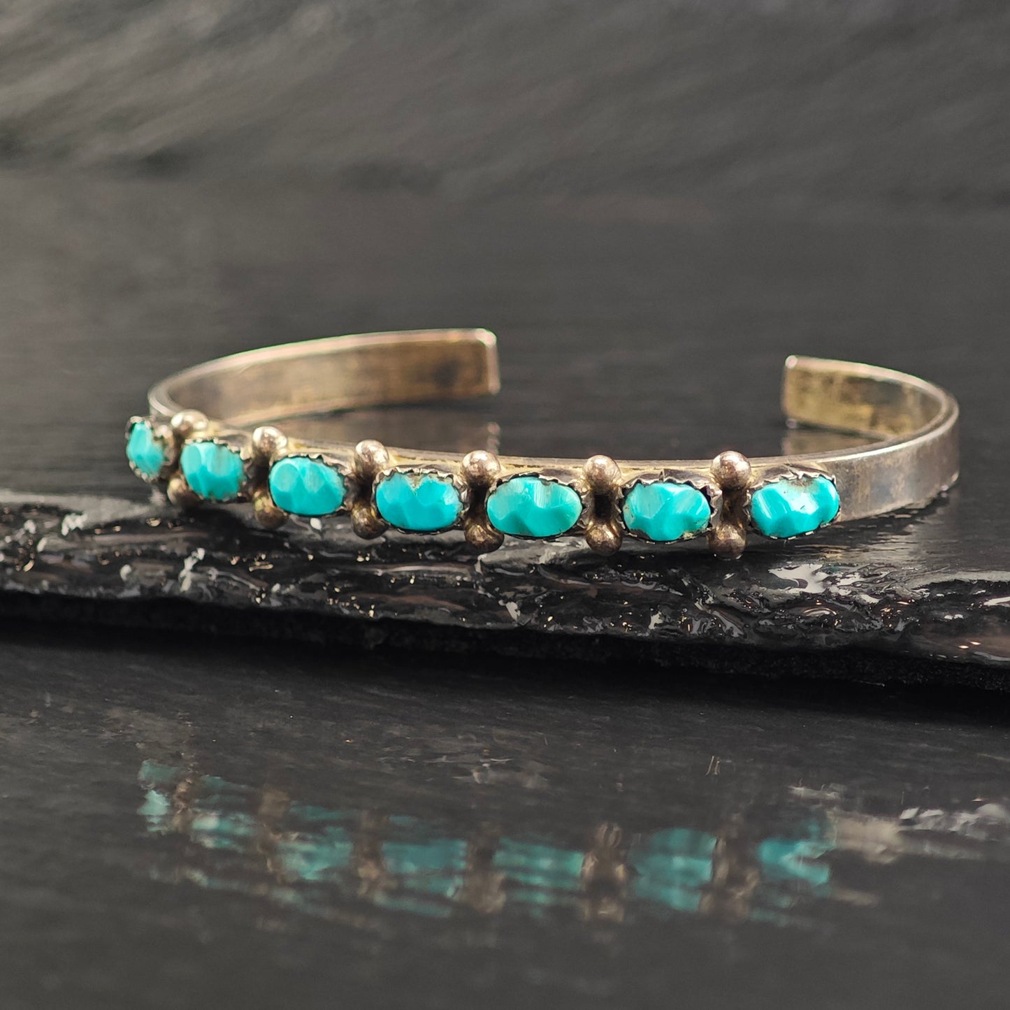 Vintage Zuni Carved Turquoise Sterling Silver Cuff Bracelet 6"  BR3077