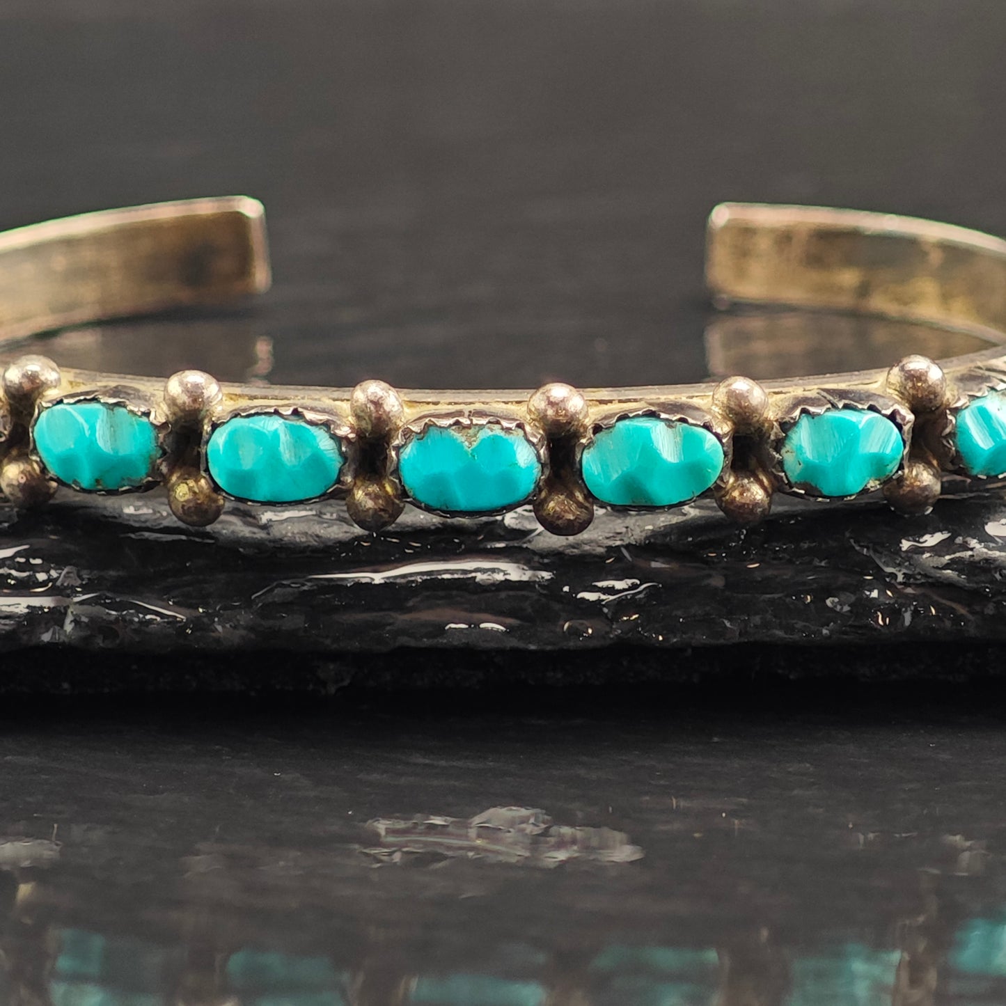 Vintage Zuni Carved Turquoise Sterling Silver Cuff Bracelet 6"  BR3077