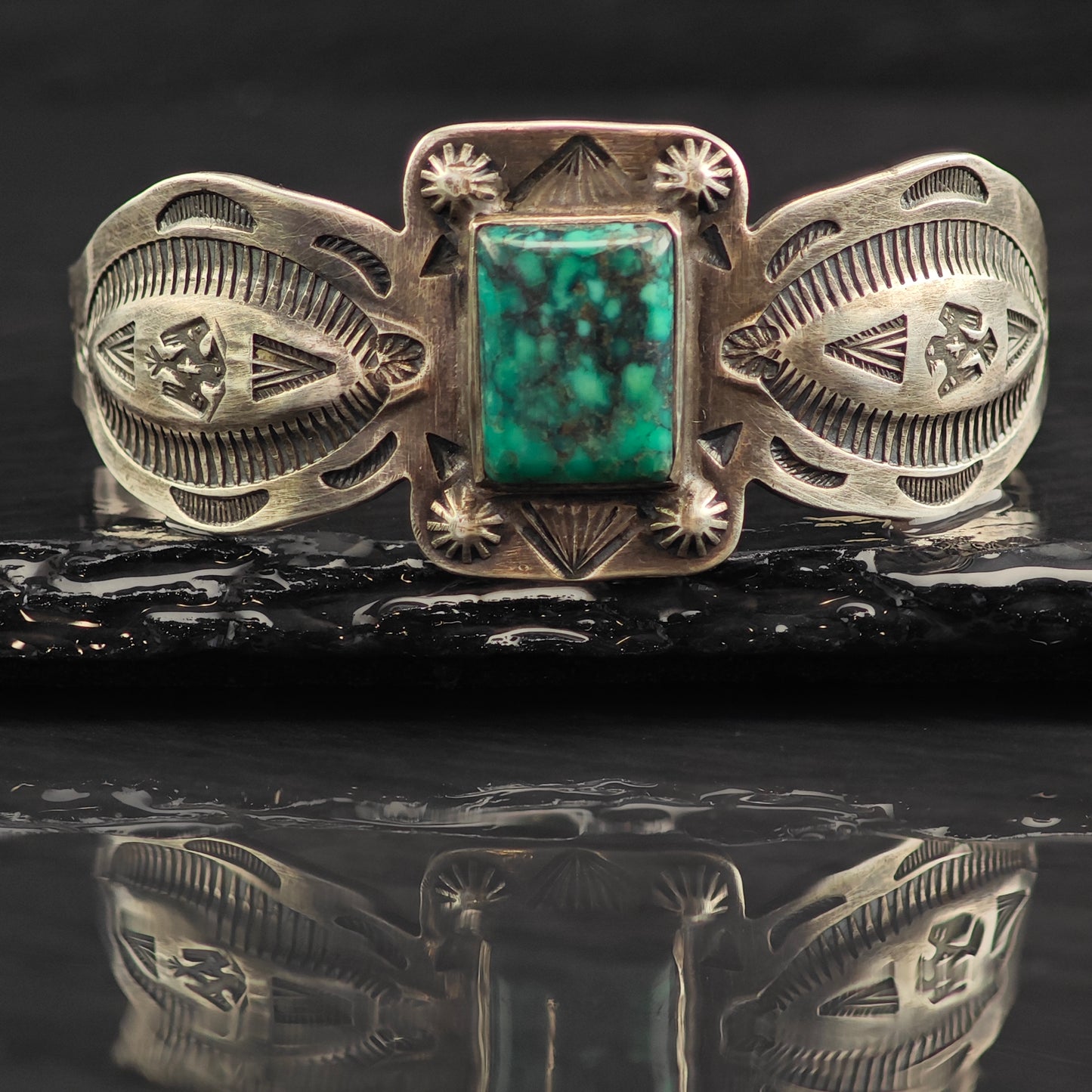 Fred Harvey Era Turquoise Stamped Thunderbird Sterling Silver Cuff Bracelet 6 1/4" BR3079