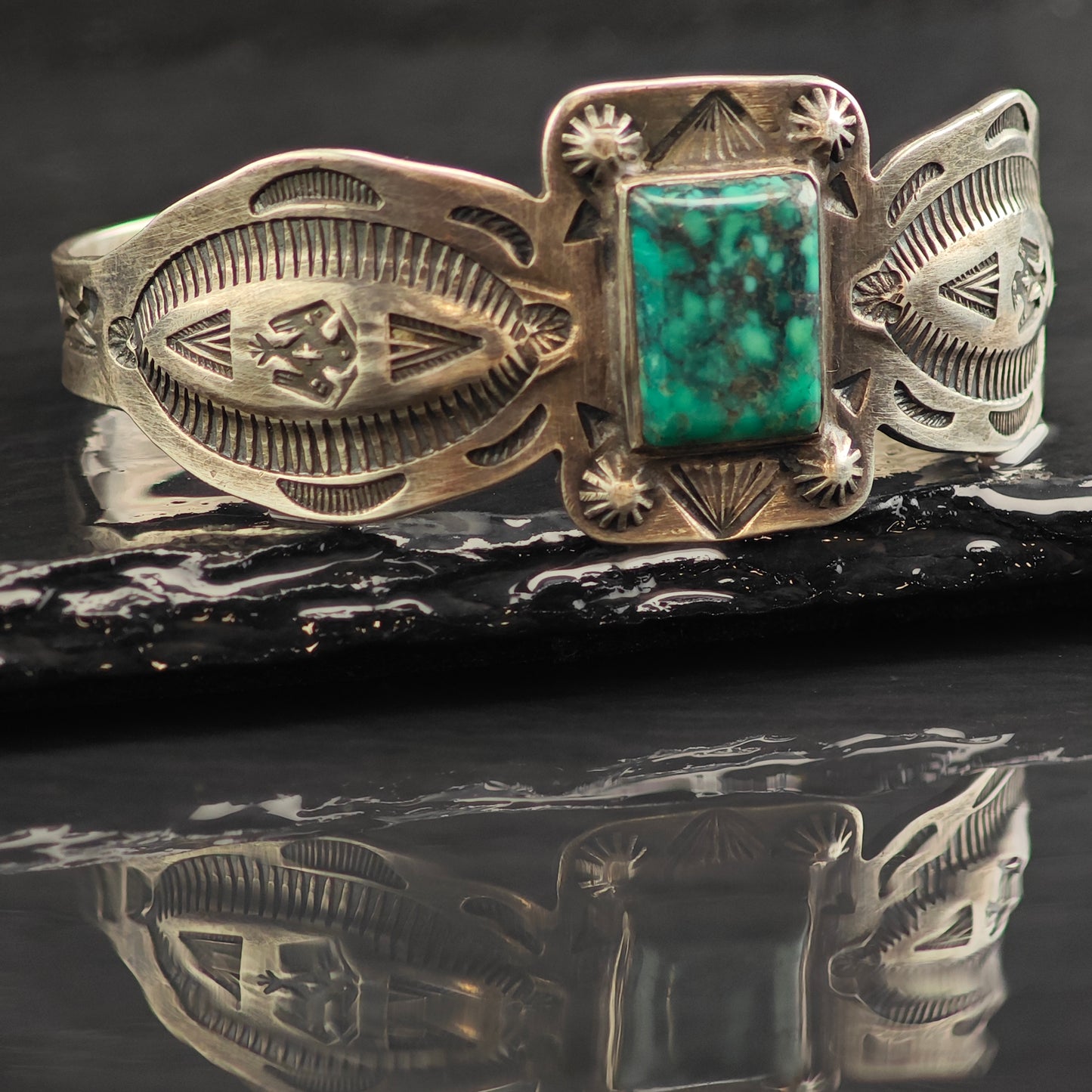 Fred Harvey Era Turquoise Stamped Thunderbird Sterling Silver Cuff Bracelet 6 1/4" BR3079