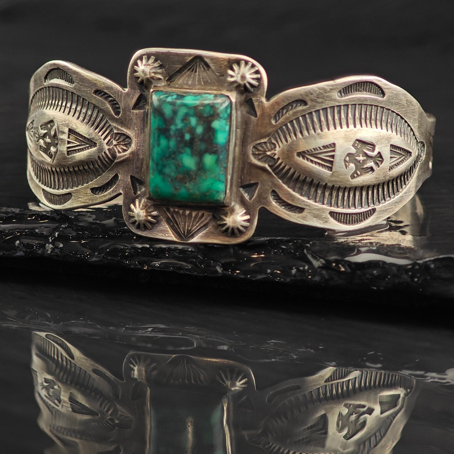 Fred Harvey Era Turquoise Stamped Thunderbird Sterling Silver Cuff Bracelet 6 1/4" BR3079